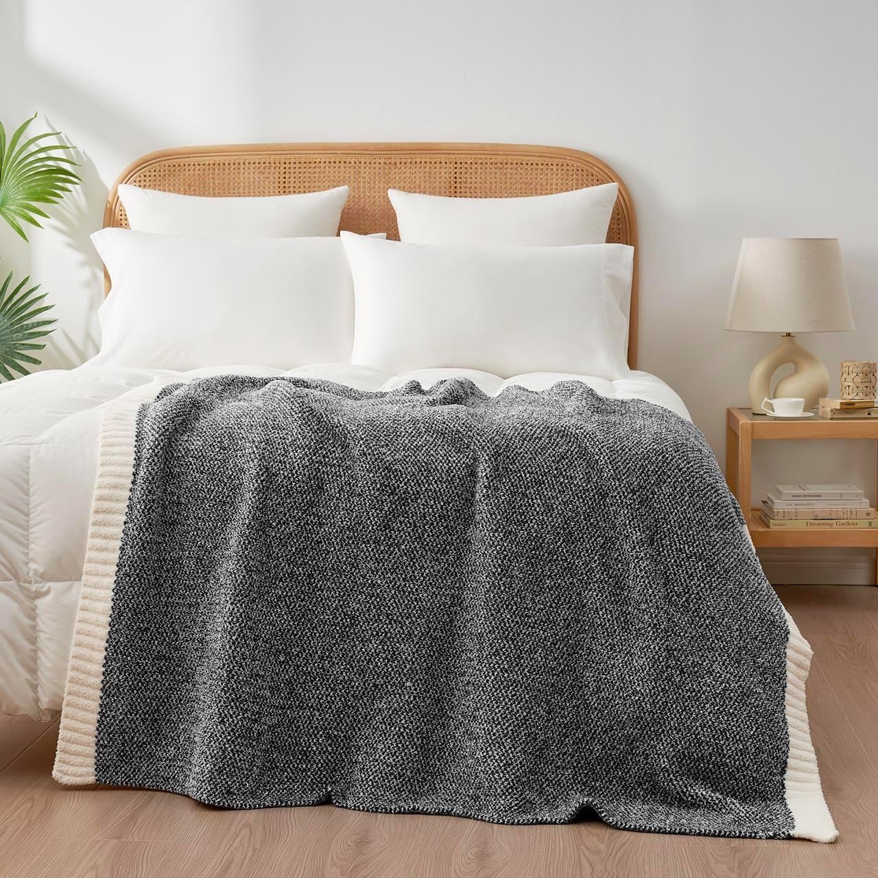 Snuggle Sac Heather Black Throw Blanket for Couch, Reversible Super Soft Micorfiber Blankets Dupes Warm Cozy Knit Fuzzy Plush Throws for Sofa, Bed, Heather Black, 50x60 inches