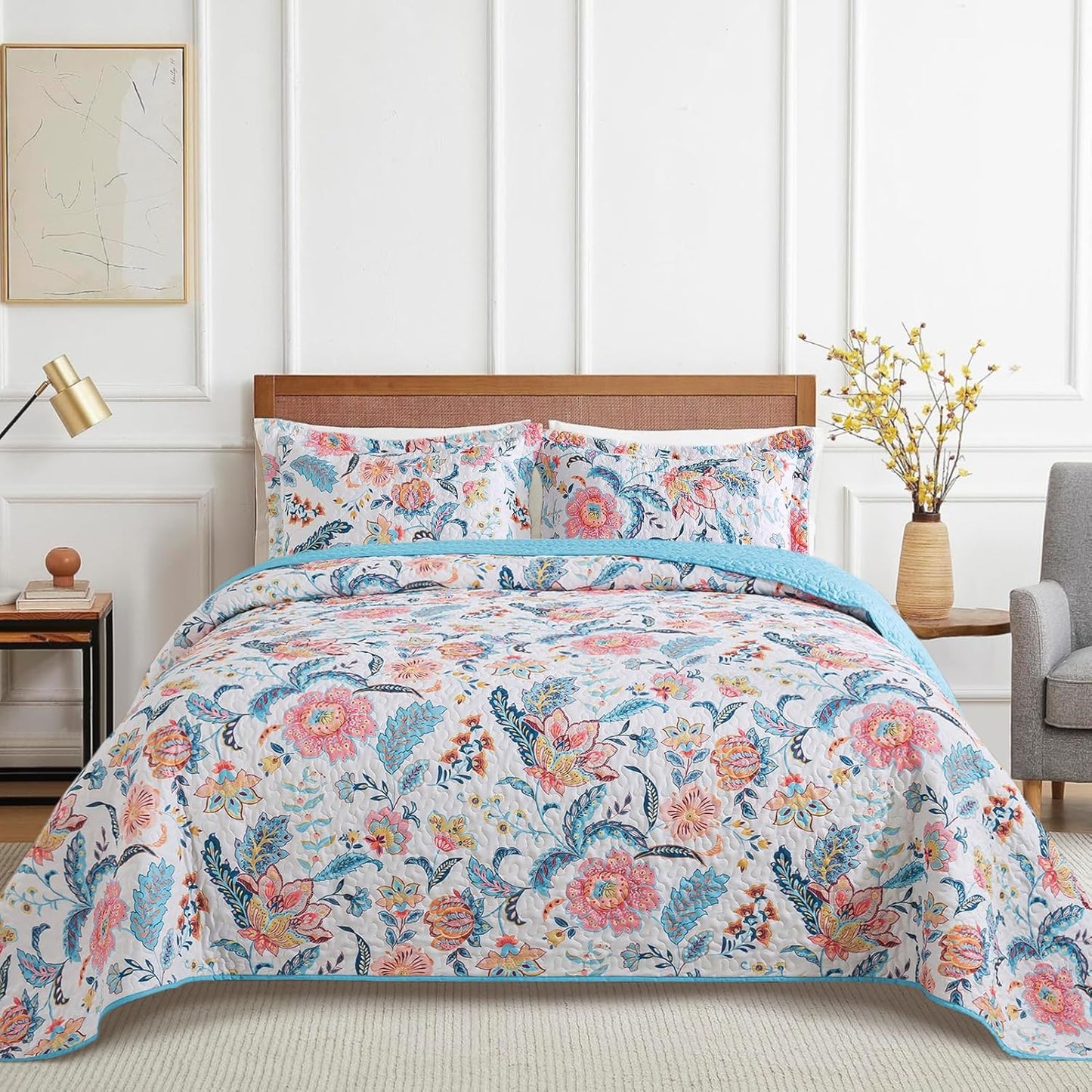 VAPUTAR Garden King Size Bedspread for Adults - Floral Quilt King Size Bedding Set (98 x 106 inch) with 2 Pillow Shams - Lightweight Reversible Coverlet Quilt for Bedroom, 3 Pieces