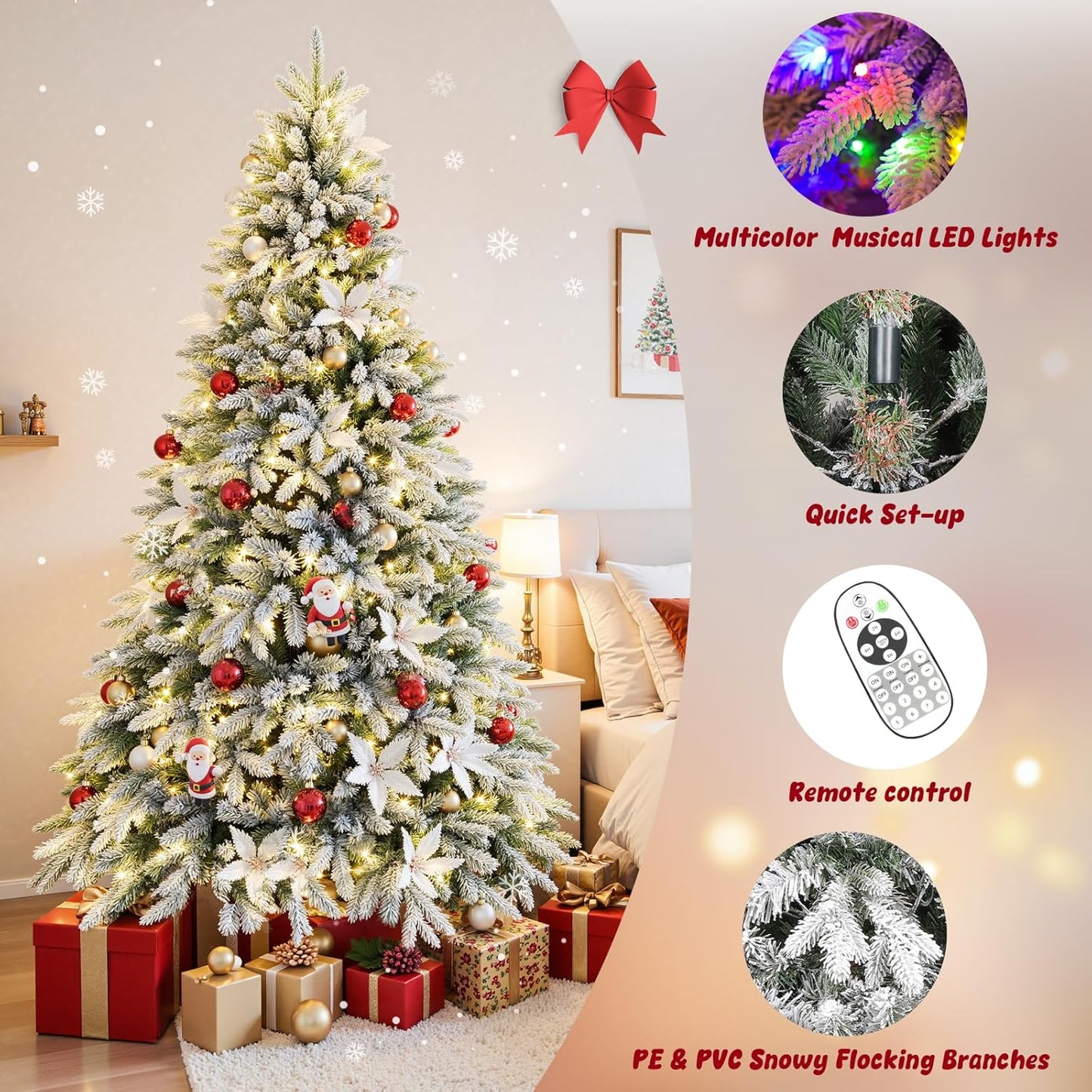 9ft Pre-lit Artificial Christmas Tree with Remote, Snow Flocked Xmas Trees Rotating & Foldable Stand, RGB & Warm White Light for Home Decor
