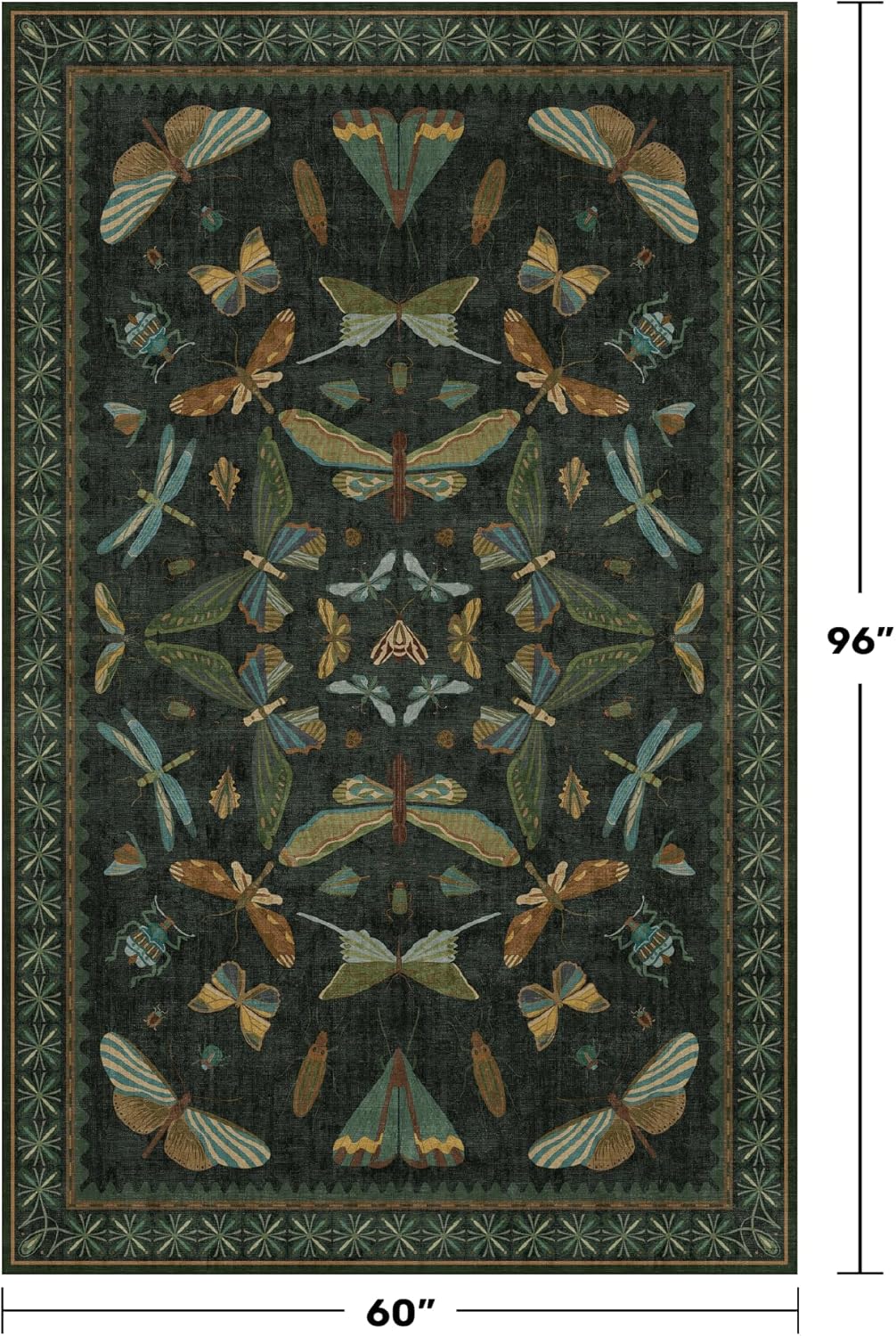 Black and Green Rug 5x8 for Living Room - Dark Moody Rugs for Dining Room Table, Playroom, Home Office, Insect Floral Moth Décor, Washable Non Skid Foldable
