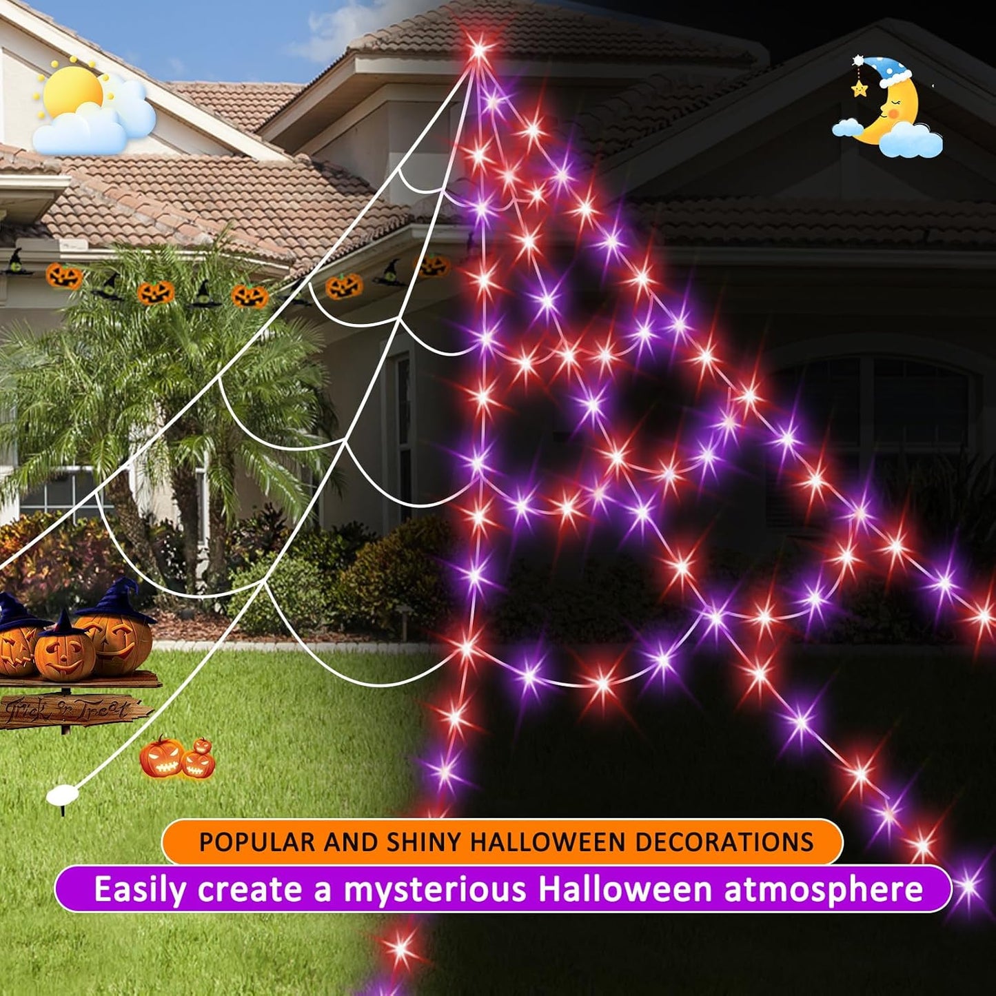 Halloween Spider Web Lights 550 LED Lighted Spider Web 16.4Ft Giant Halloween Decorations Light up with 8 Lighting Modes Waterproof & Timer for Indoor Outdoor House Haunted Yard Decor, Orange & Purple