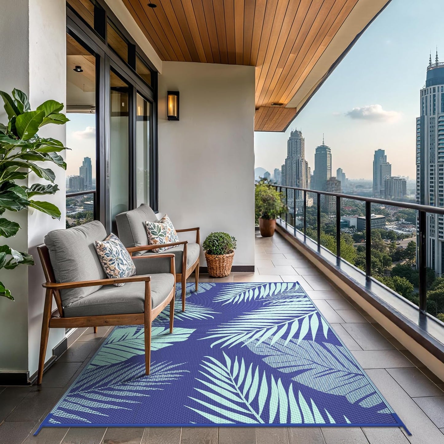 GENIMO Outdoor Rug 6' x 9' Waterproof for Patios Clearance, Reversible Outdoor Plastic Straw Camping Rug Carpet, Large Area Rugs Mats for RV, Camper, Deck, Balcony, Porch, Beach, Royal Blue&Blue Green