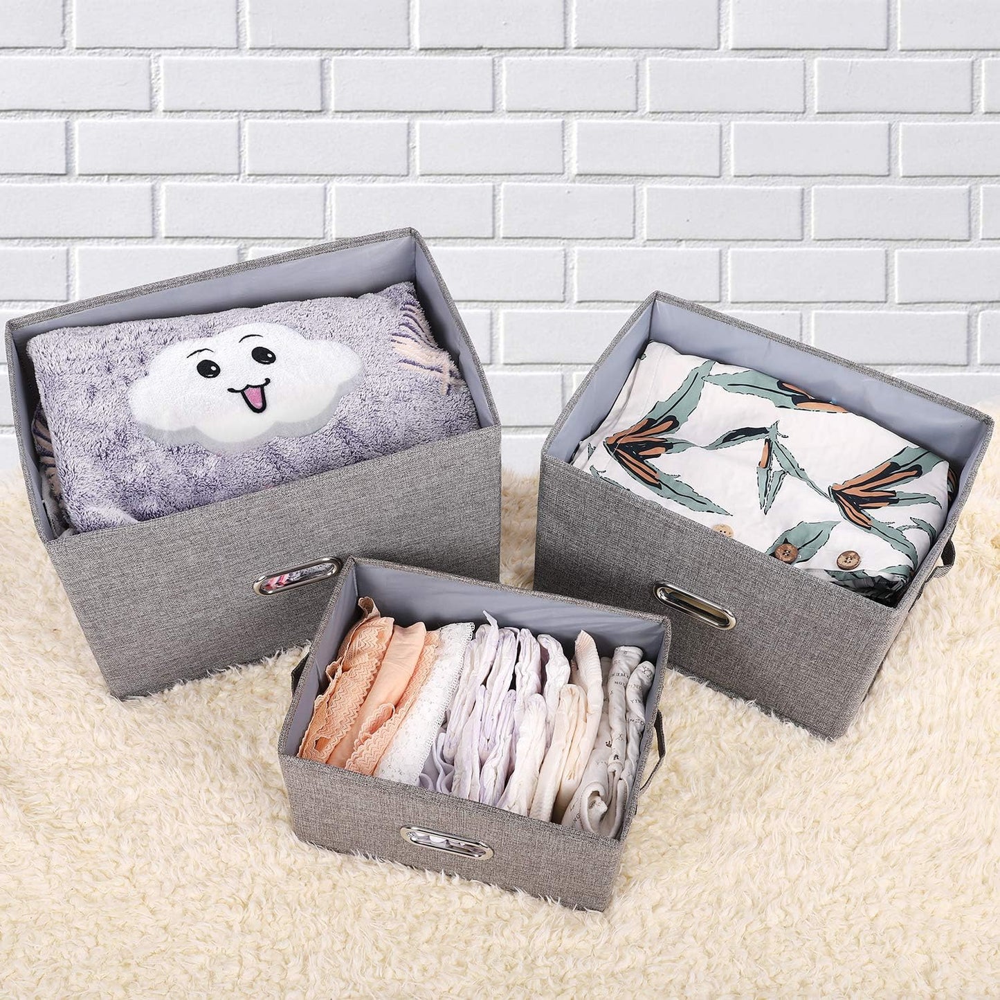 Linen Fabric Collapsible Storage Bins with Removable Lids and Handles, Washable Storage Box Containers Baskets Cube with Cover for Bedroom,Closet,Office,Living Room,Nursery (Coffee, Small)
