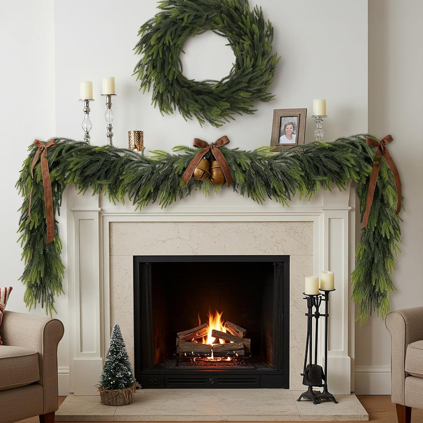 N&T NIETING 2 PCS Christmas Garland Norfolk Pine Garland Real Touch Faux Christmas Greenery Xmas Garland for Mantle, Table Holiday Winter Indoor Outdoor Christmas Decorations (9 FT)