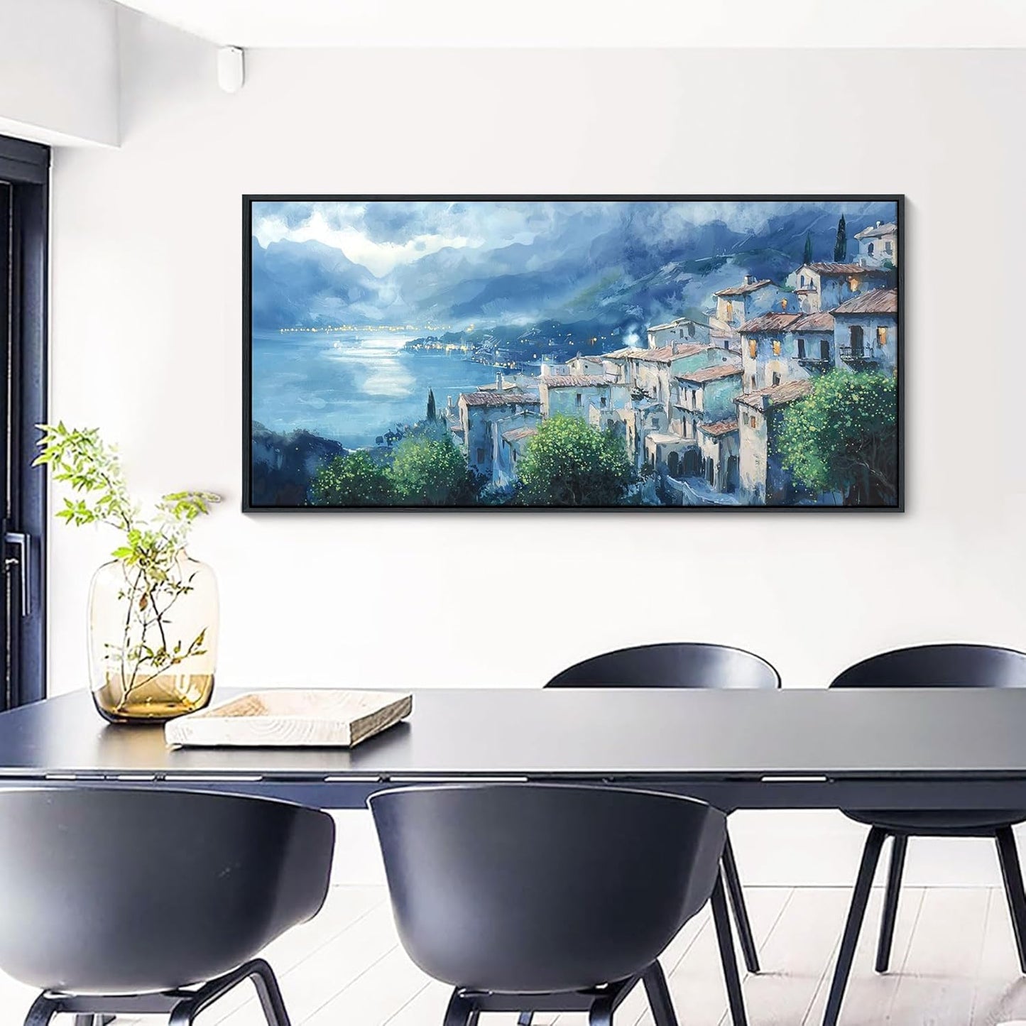 JEAWA Large Framed Canvas Painting - 24x48 IN Landscape Wall Decor Ready to Hang, Gray Blue Town Picture, Lights of Thousands homes Art Prints for Bedroom Living Room Home Decoration
