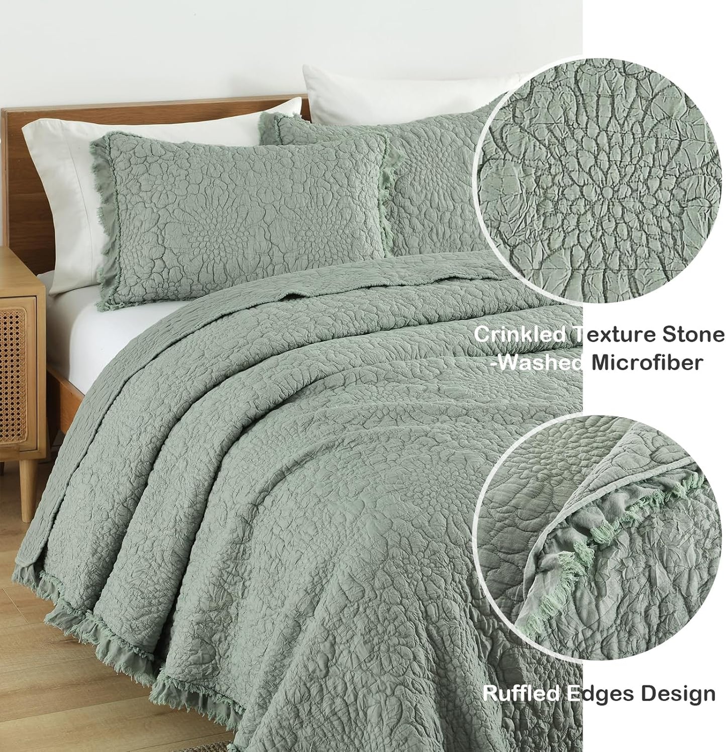 HORIMOTE HOME Sage Green Ruffled Quilt King Size, Stone-Washed Microfiber Lightweight Crinkled Farmhouse Rustic Shabby Chic Bedding Set, 3 Pieces Reversible Bedspread with Pillow Shams for All Season