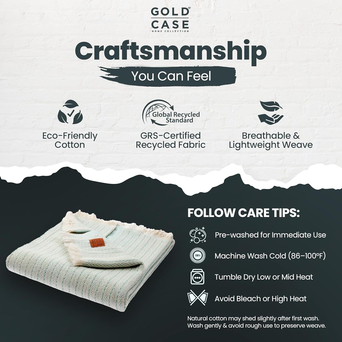 Gold Case Throw Blanket for Couch – 100% Recycled Turkish Cotton Blankets & Throws – Elegant Decorative Throw Blankets for Living Room Sofa – Woven Throws for Couch – Vintage Aqua– 50x60