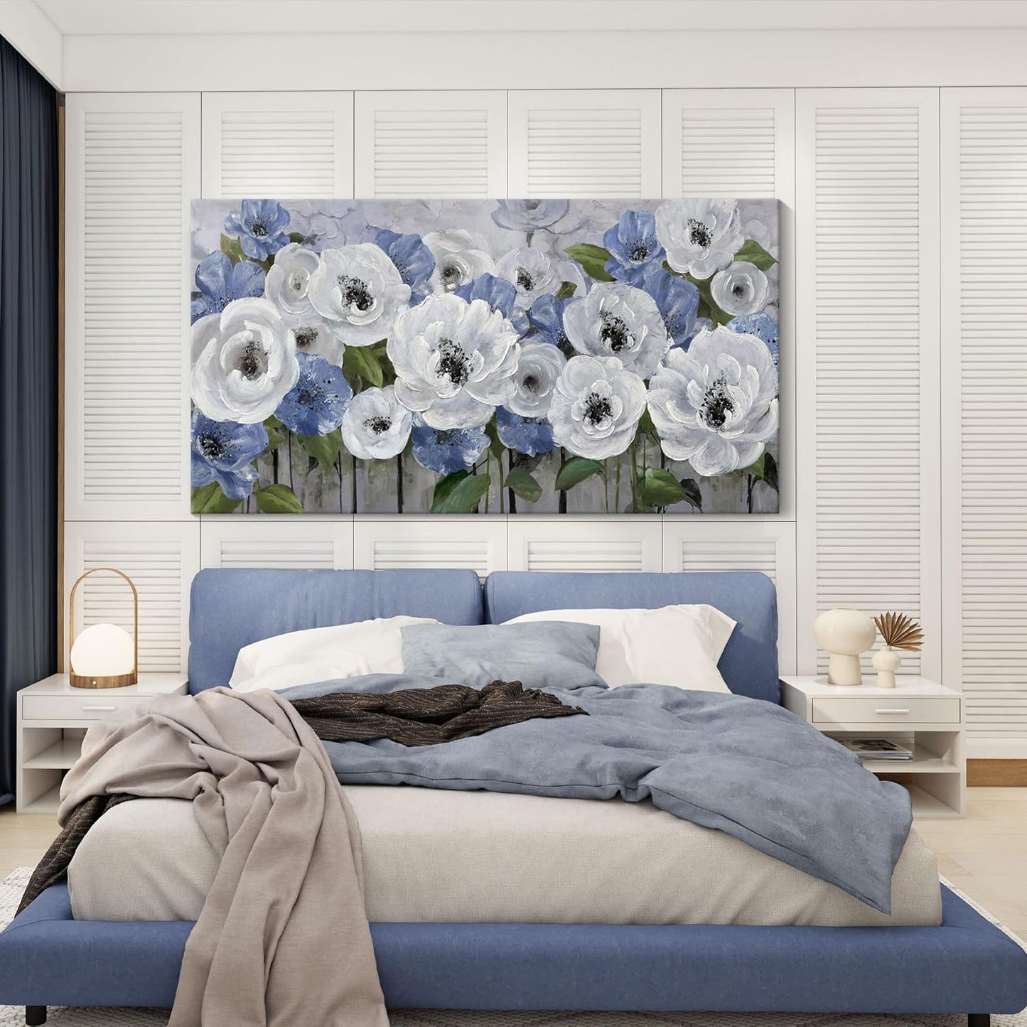 Large Canvas Wall Art for Living Room, Blue and White Textured Floral Wall Art, Flower Wall Pictures and Paintings, Nature and Landscape Artwork, Bedroom Wall Decor