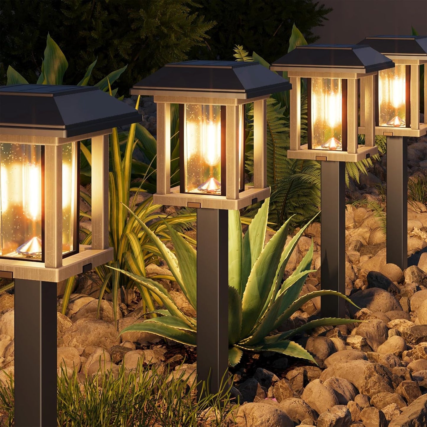 XMCOSY+ Solar Lights Outdoor Waterproof IP65, 25 LM Garden Light for Yard Pathway, Dual-Tone LED Lights with Seed Glass Metal, Solar Powered Landscape Walkway Pathway Decor Lighting (Warm White)
