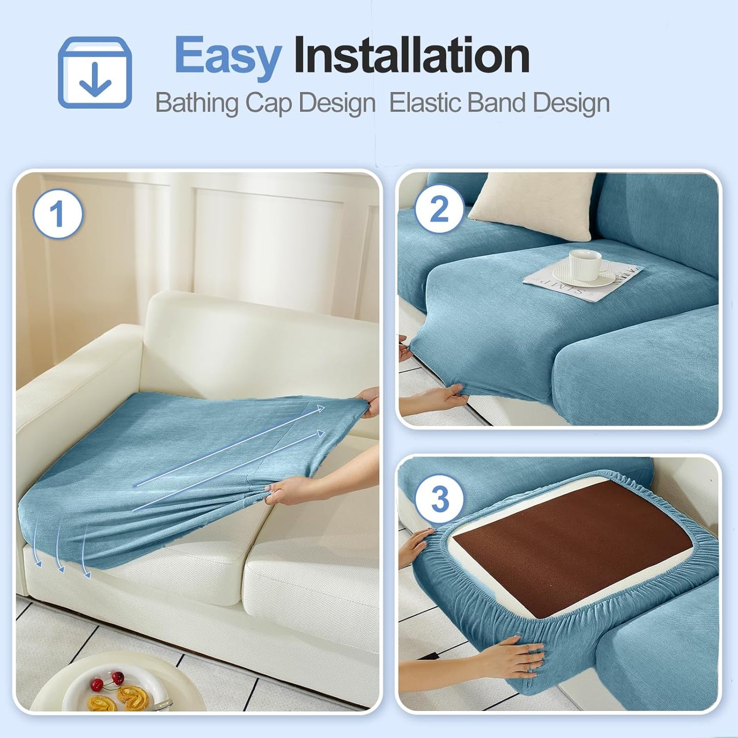 Large Backrest Cushion Covers Super Stretch Backrest Covers for 2 Cushion Couch Sofa, Couch Back Cushion Covers Featuring with Chenille Yarn (Softer Version, 2PC, Blue)