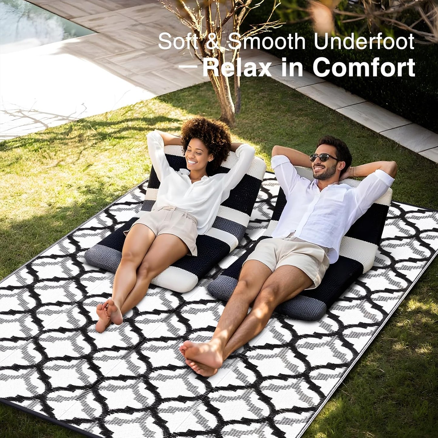 OLANLY Reversible Outdoor Rug 8x10 ft Clearance, Waterproof Outdoor Plastic Straw Rug with Interlacing Pattern, RV Mat for Patio, Camping, Balcony, Deck, Backyard, Black & White