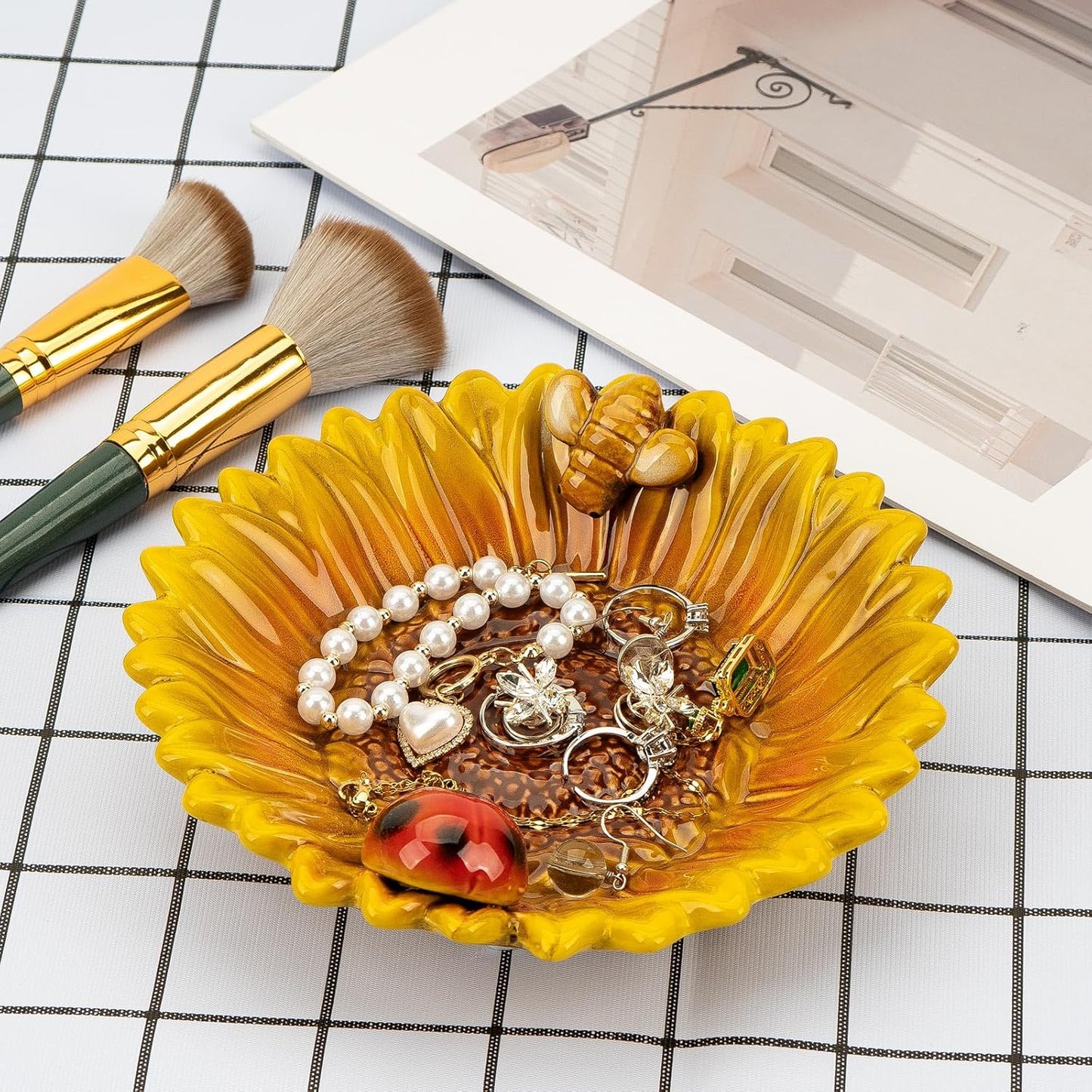 Sunflower Jewelry Dish Trinket Tray Ceramic Key Tray Bowl for Entryway Table, Sunflower Candy Dish Soap Holder Gift Decorative Bowl for Home Decor Kitchen Bathroom Sink (Bee, Ladybug)