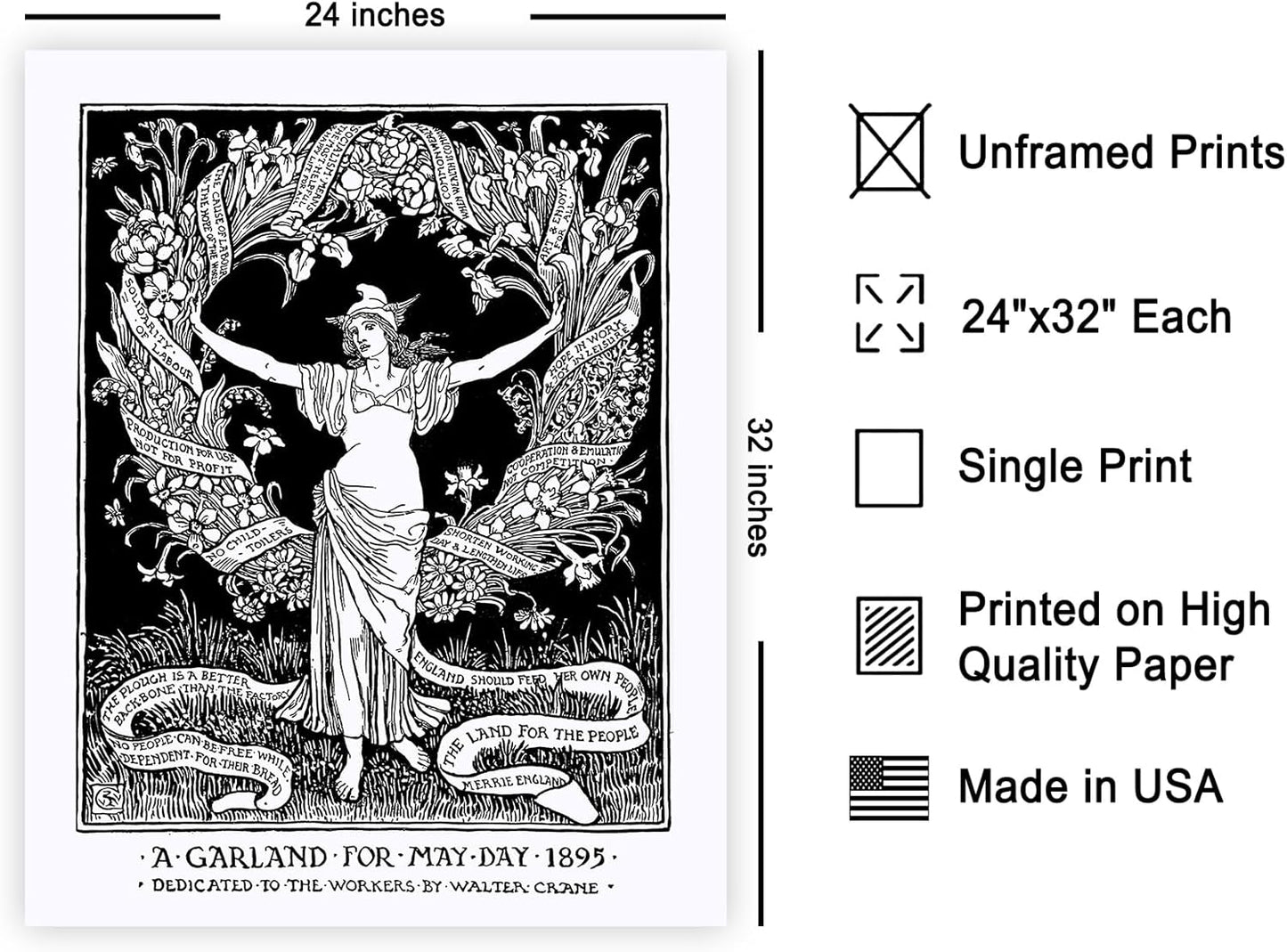 Poster Master Vintage Walter Crane Poster - Retro A Garland for May Day Print - Socialist Art - Gift for Him, Her, Men, Women - Wall Decor for Home, Office, Living Room, 24x32 Unframed Wall Art