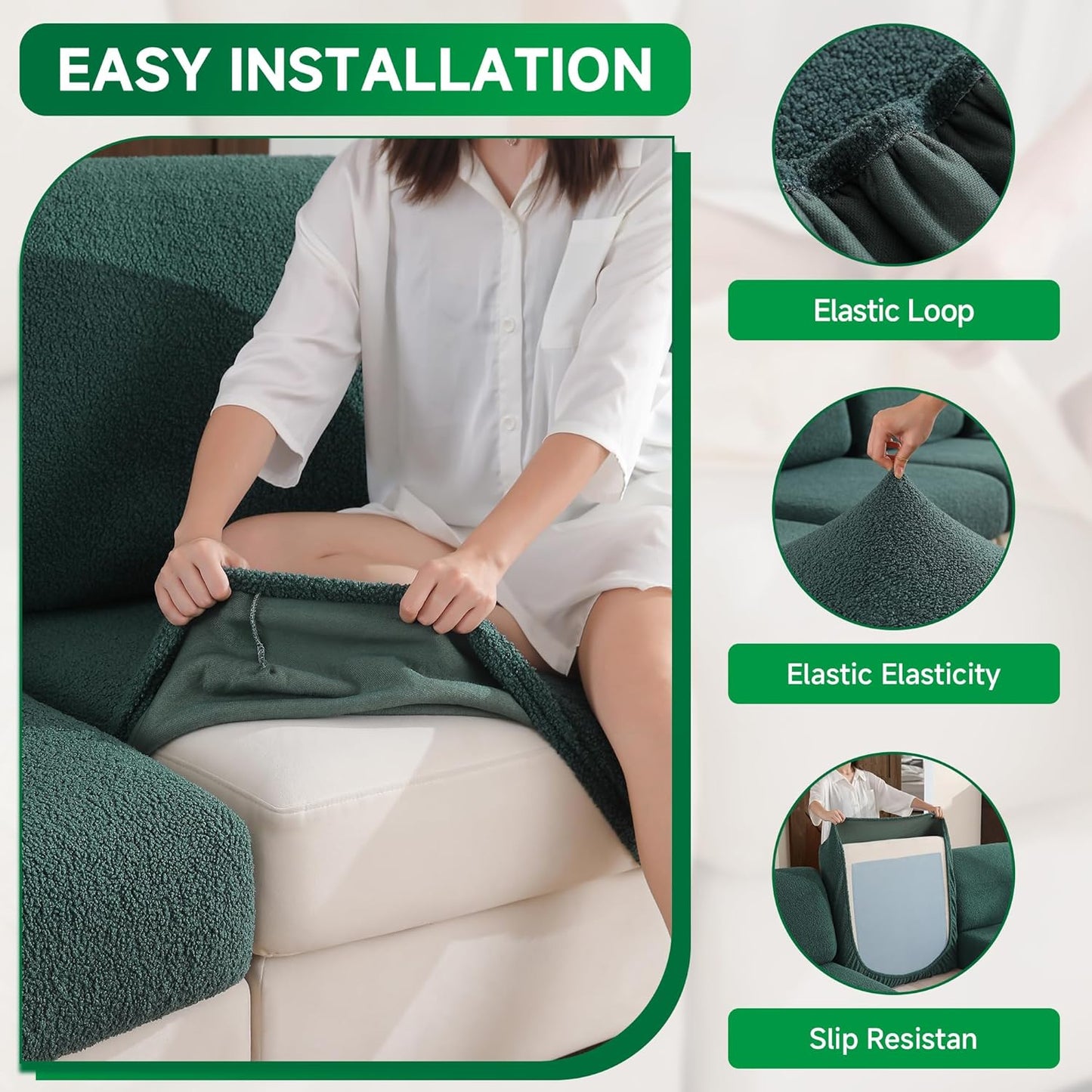 Couch Cushion Covers for Sectional Sofa, Stretch Soft Sofa Slipcovers Washable Wear-Resistant Universal Furniture Protector for Living Room(1 Piece Loveseat Cover, Green)