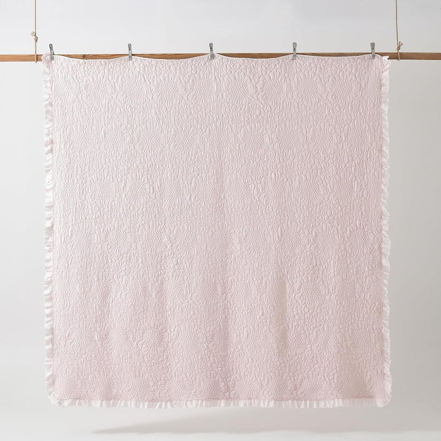 HORIMOTE HOME Pink Ruffled Quilt Queen Size, Stone-Washed Microfiber Lightweight Crinkled Farmhouse Rustic Shabby Chic Bedding Set, 3 Pieces Reversible Bedspread with Pillow Shams for All Season