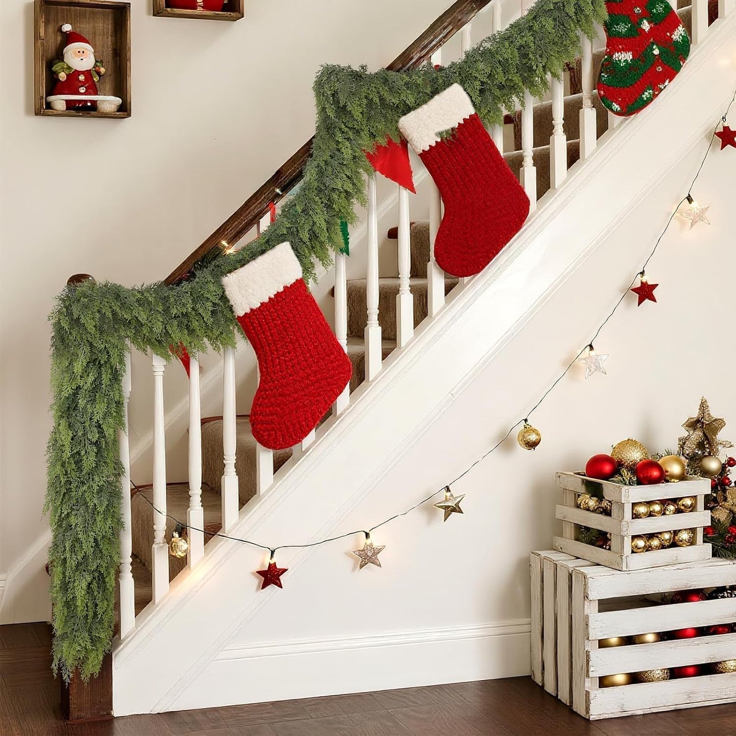 Real Touch Christmas Cedar Garland -9ft Artificial Garlands Faux Cedar Fake Pine Needles Garland for Fireplace,Table,Window,Stairs,Mante,Holiday Indoor Outdoor Xmas Decor(1PCS)