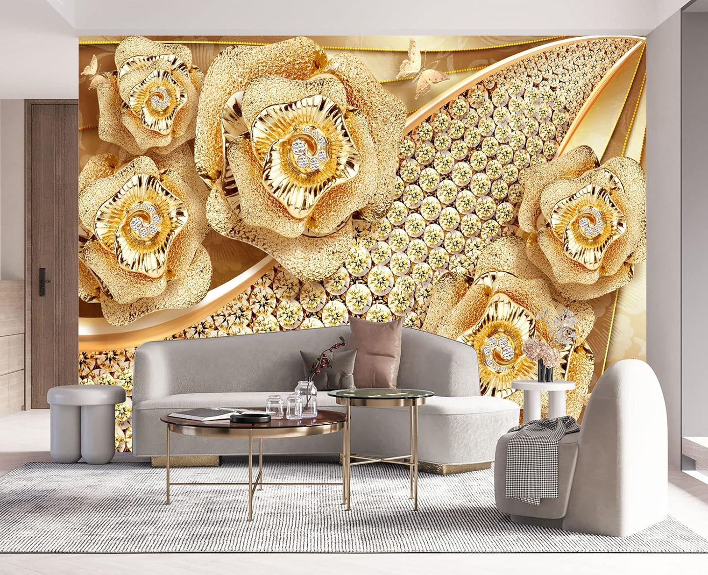 Golden Jewelry Diamond Rose Butterfly Wall Mural Wallpaper for Bedroom 178" x 117"