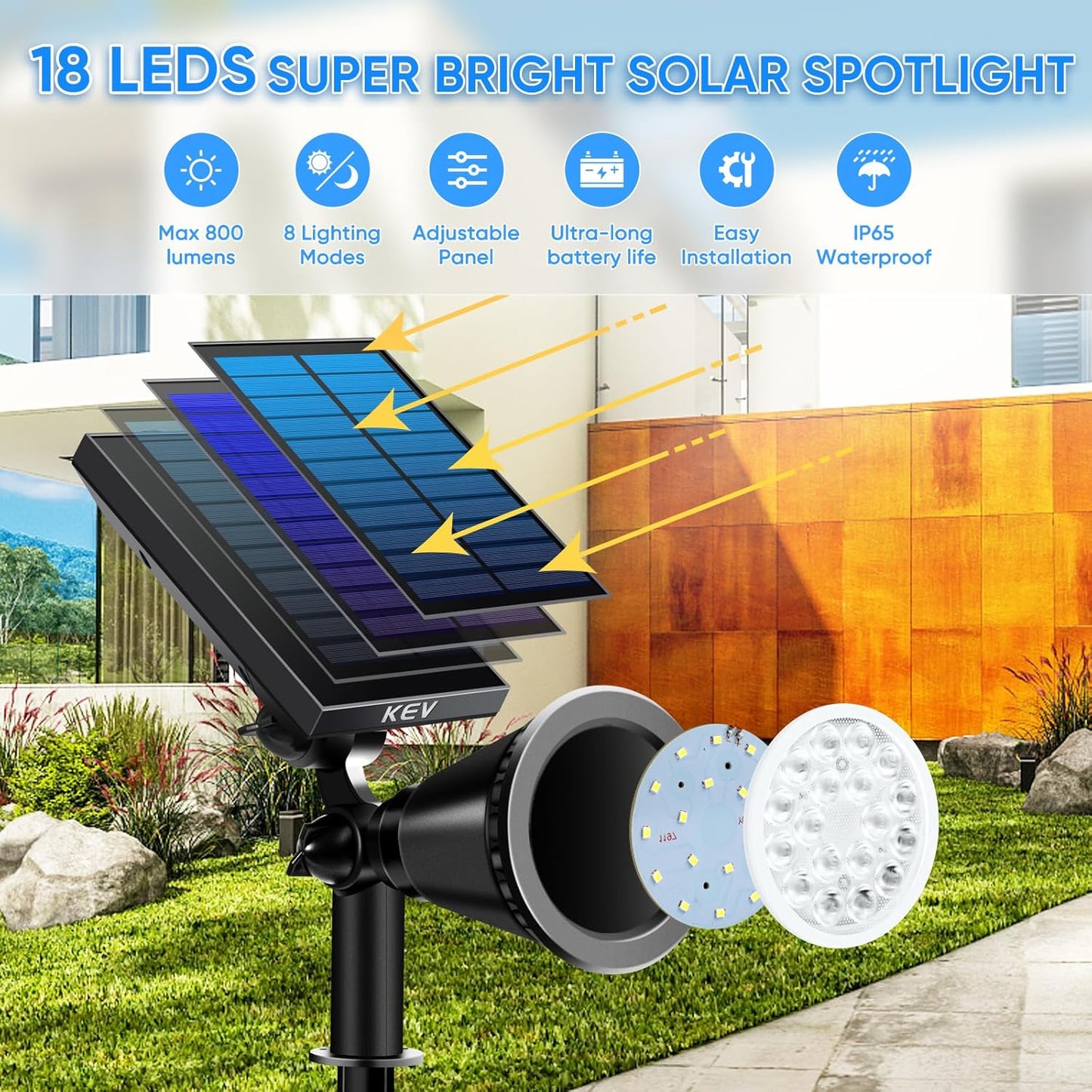 KEV 800 Lumens Solar Spot Lights Outdoor,4 Pack 18 LEDs Solar Flood Lights with 2 Modes &Adjustable &IPX65 Waterproof,Solar Spotlight for Driveway/Backyard/Patio Landscape/Tree/Garage(Warm White)