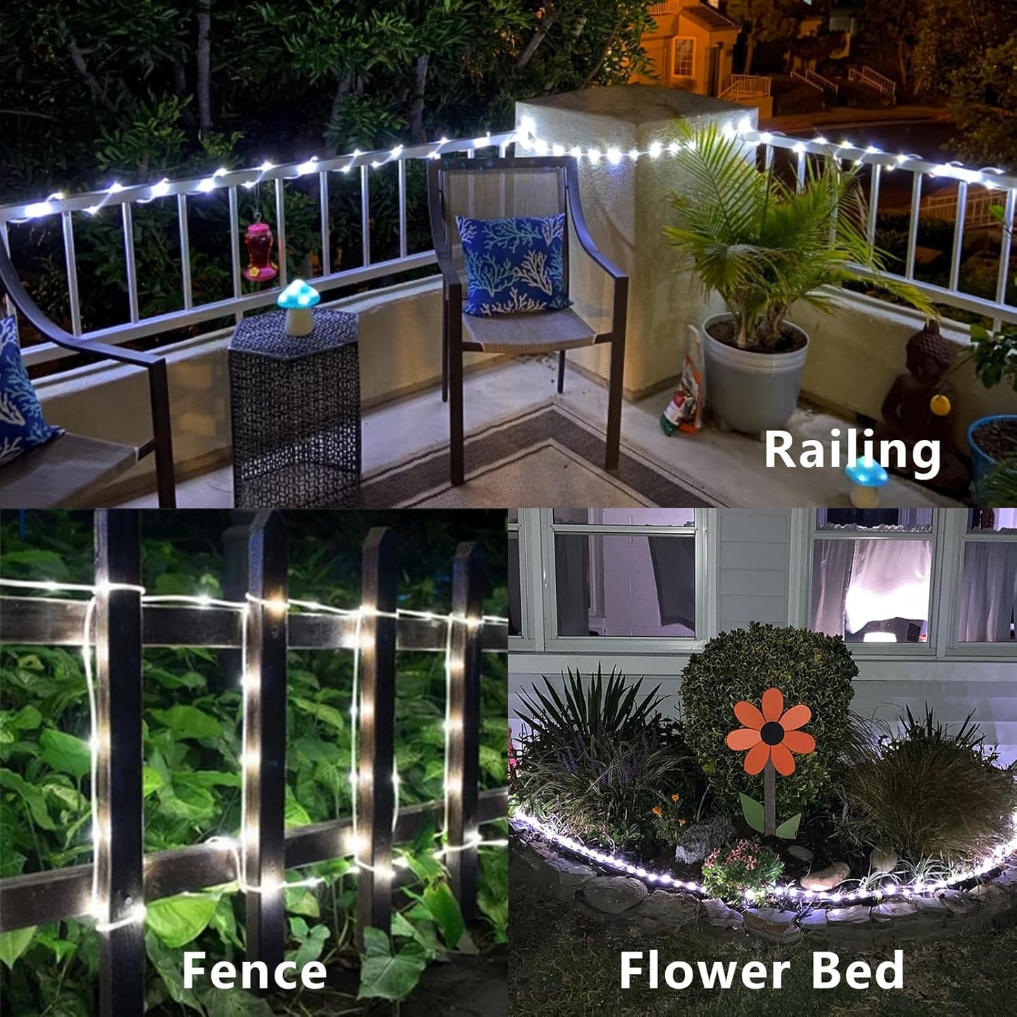 YEGUO 2 Packs Each 33ft 100 LED Solar Rope Lights Outdoor Waterproof, White String Lights for Outside, 8 Modes Fairy Lights in Clear Thin Tube for Camping Fence Patio Garden Trampoline Deck