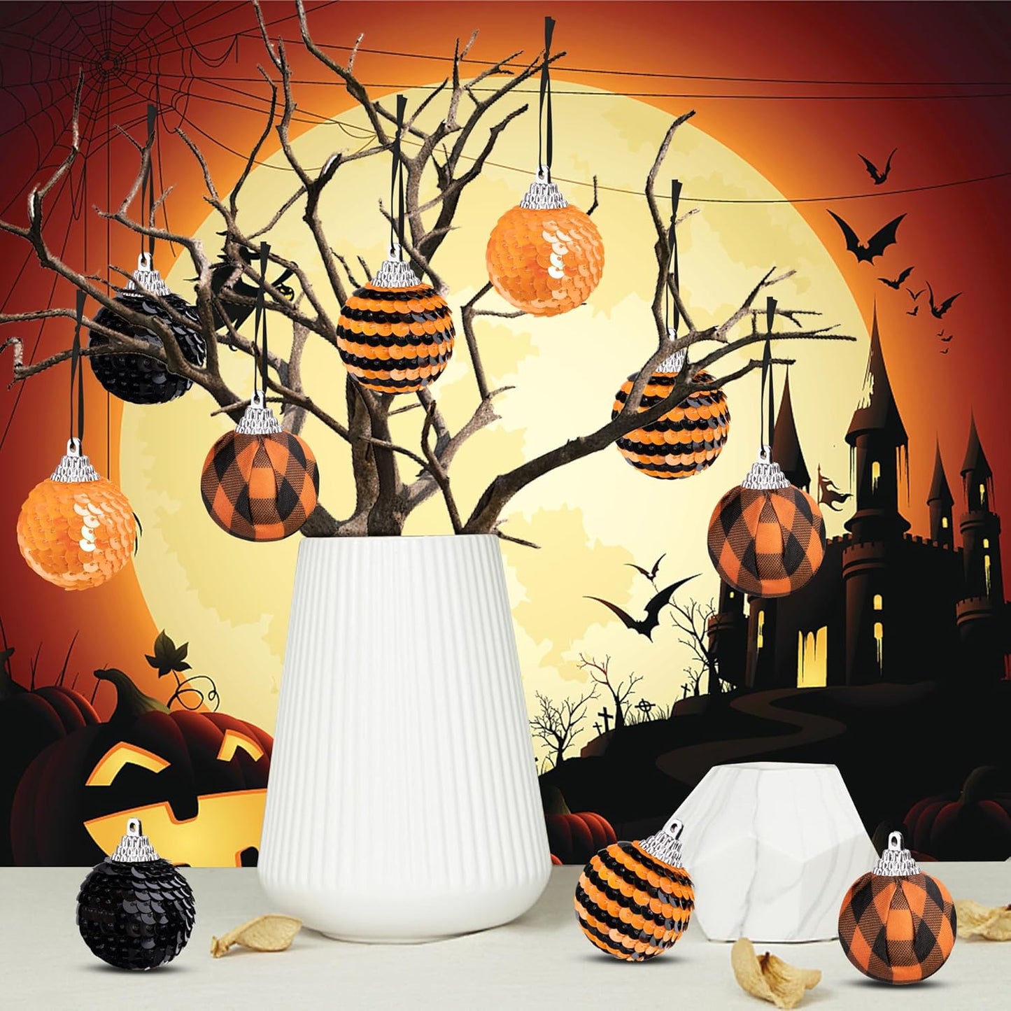 24 PCS Halloween Sequin Hanging Ball Ornaments-1.6 Inch Halloweens Black Orange Sequin Balls-Hanging Glitter Ball Ornaments for Halloween Tree Party Decor