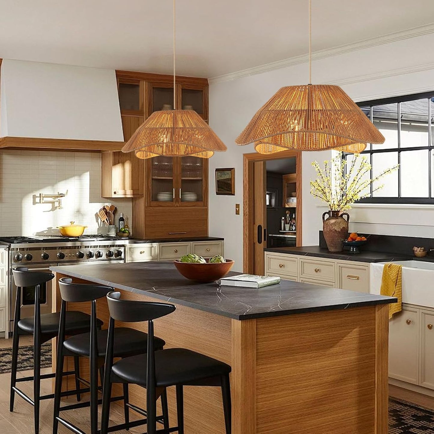 19.68" Rattan Pendant Light Fixture, 3-Light Boho Hanging Light Fixture Ceiling Mount, Bohemian Woven Wicker Flush Mount Hanging Lamp, Adjustable Rattan Chandelier for Kitchen Island Hallway