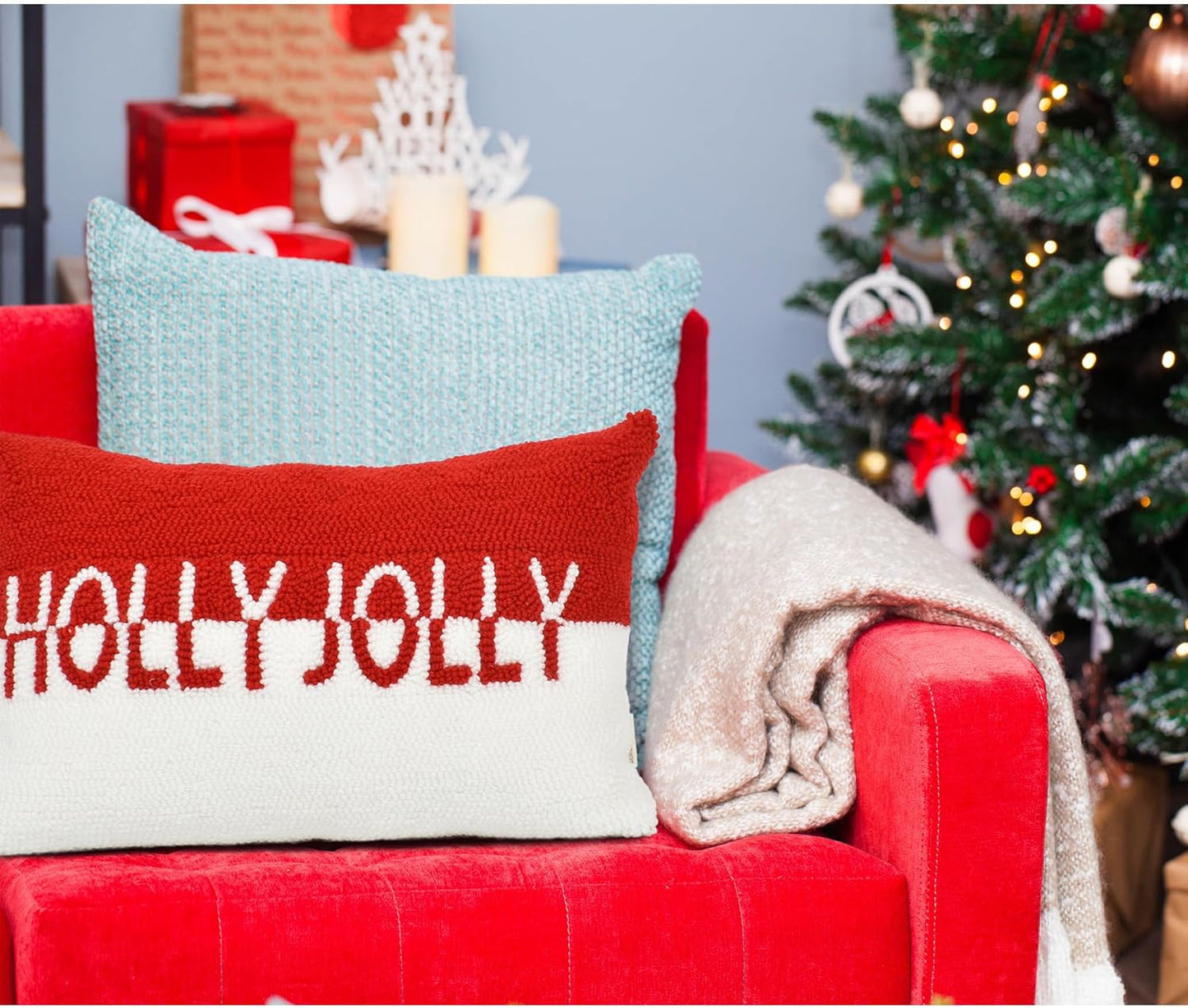 Holly Jolly Christmas Pillow Covers 12x20, Hooked Wool Embroidered Christmas Throw Pillow Covers Christmas Decorations Holiday Pillows for Home Couch,Red White