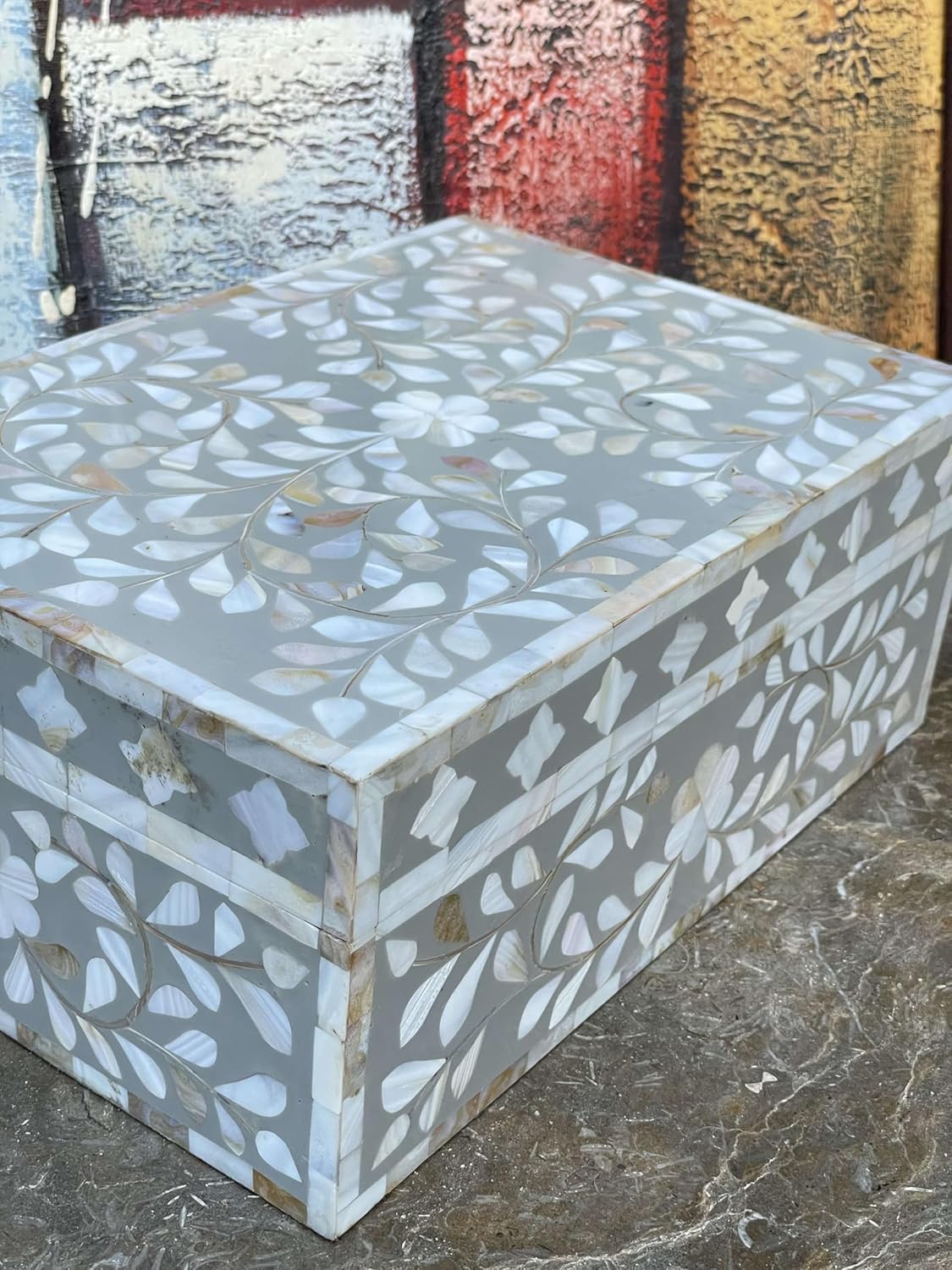 Decorative Wooden Storage Box with Mother of Pearl Inlay – Elegant Floral Design – Perfect for Home Décor in Living Room, Dining Area, or Bedroom (Grey, 9x6x3.5 inch)