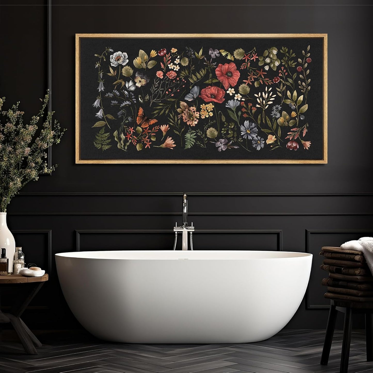 MUDECOR Extra Large Framed Canvas Print Wall Art Midnight Garden Vintage Floral Illustrations Antique Retro Fine Art Illustrations Decorative Colorful for Bedroom - 60"x30"