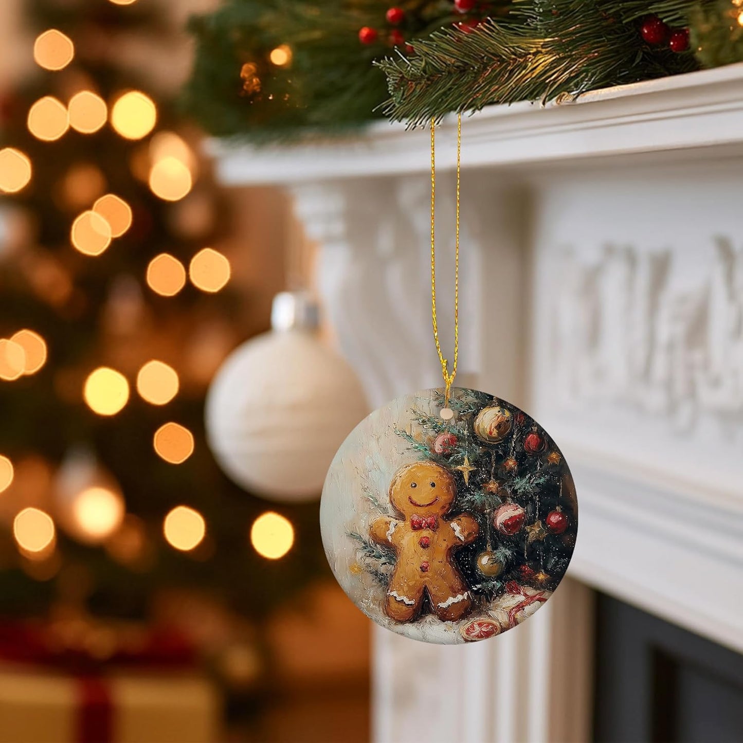 Vintage Christmas Gingerbread Ceramic Ornament Gifts, Retro Winter Christmas Gingerbread Decorative Hanging Ornaments for Xmas Tree Holiday Party Decoration, Winter Xmas Tree Decorations