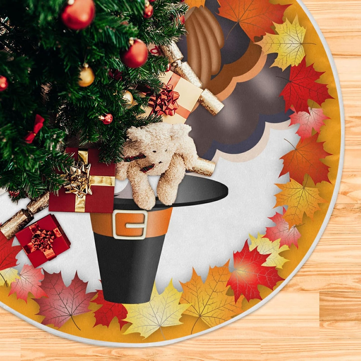 Thanksgiving Turkey Maple LeafTree Skirt, Seasonal Tree Mat Holiday Party Supplies Ornaments Indoor Outdoor Decorations for Tabletop Trees 35.4 Inches
