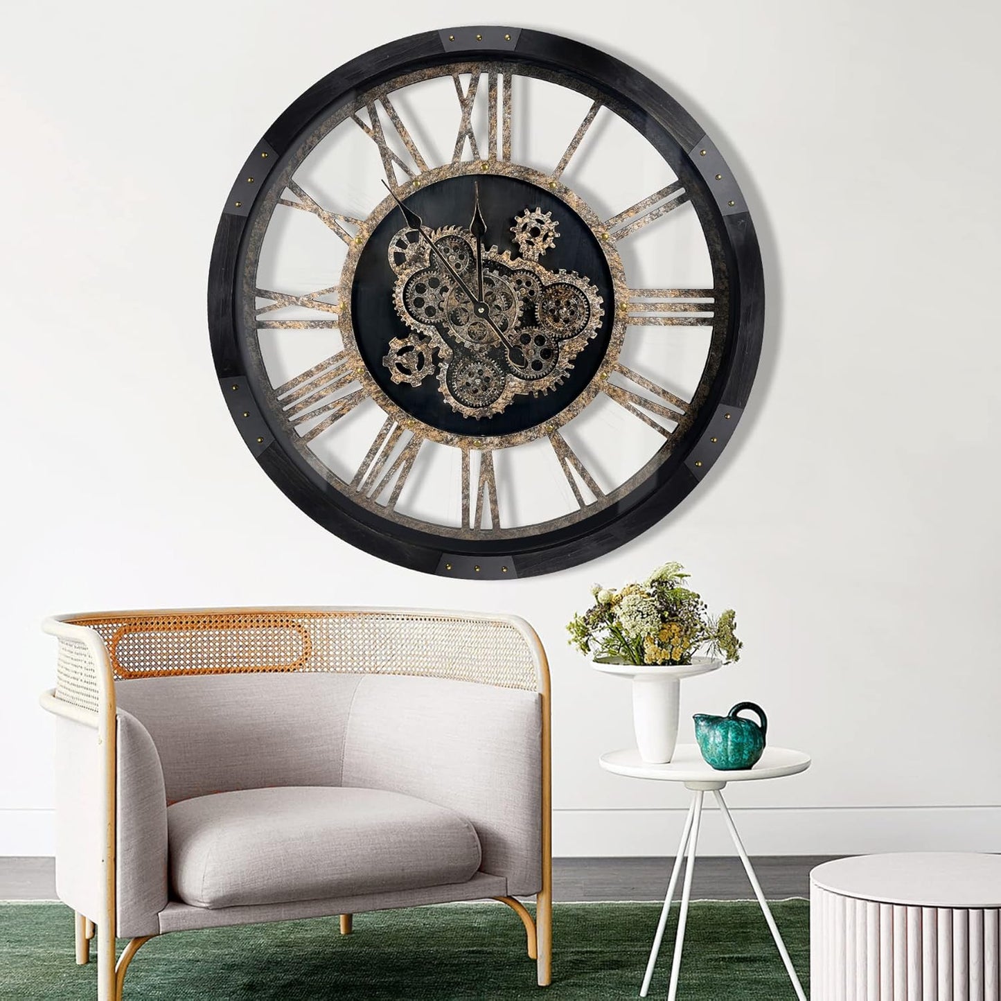 27 inch Large Real Moving Gears Wall Clock with Toughened Glass Cover, Oversized Solid Wood Retro Farmhouse Clock, Giant Decorative Rustic Wall Clock for Living Room Home Kitchen Office (Black)