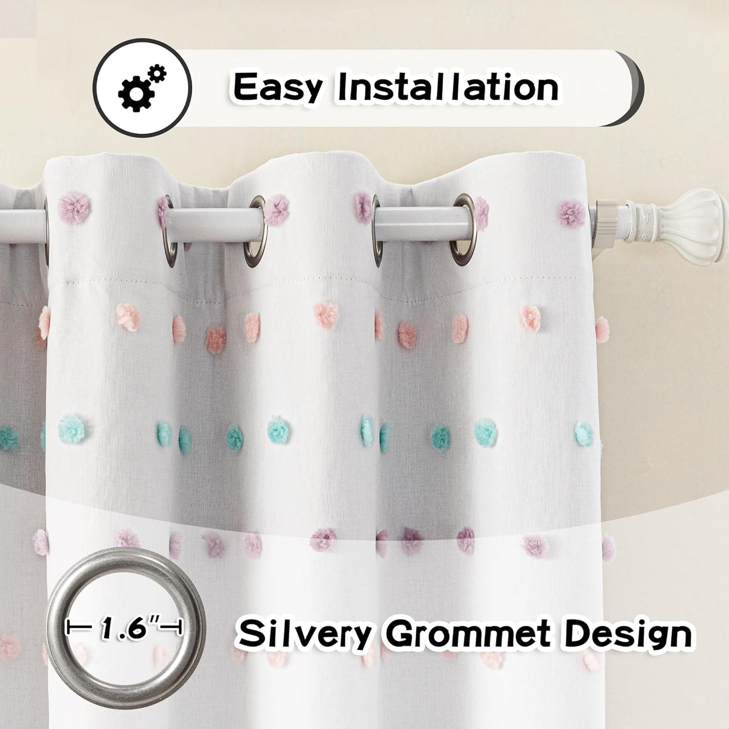 MYSKY HOME Total Blackout Curtains for Living Room 95 Inch Long 100% Light Blocking Curtains for Bedroom 2 Panels Set Privacy Protect Grommet 2 Layered Drapes with Rainbow Pom Pom Sheer 52W x 95L