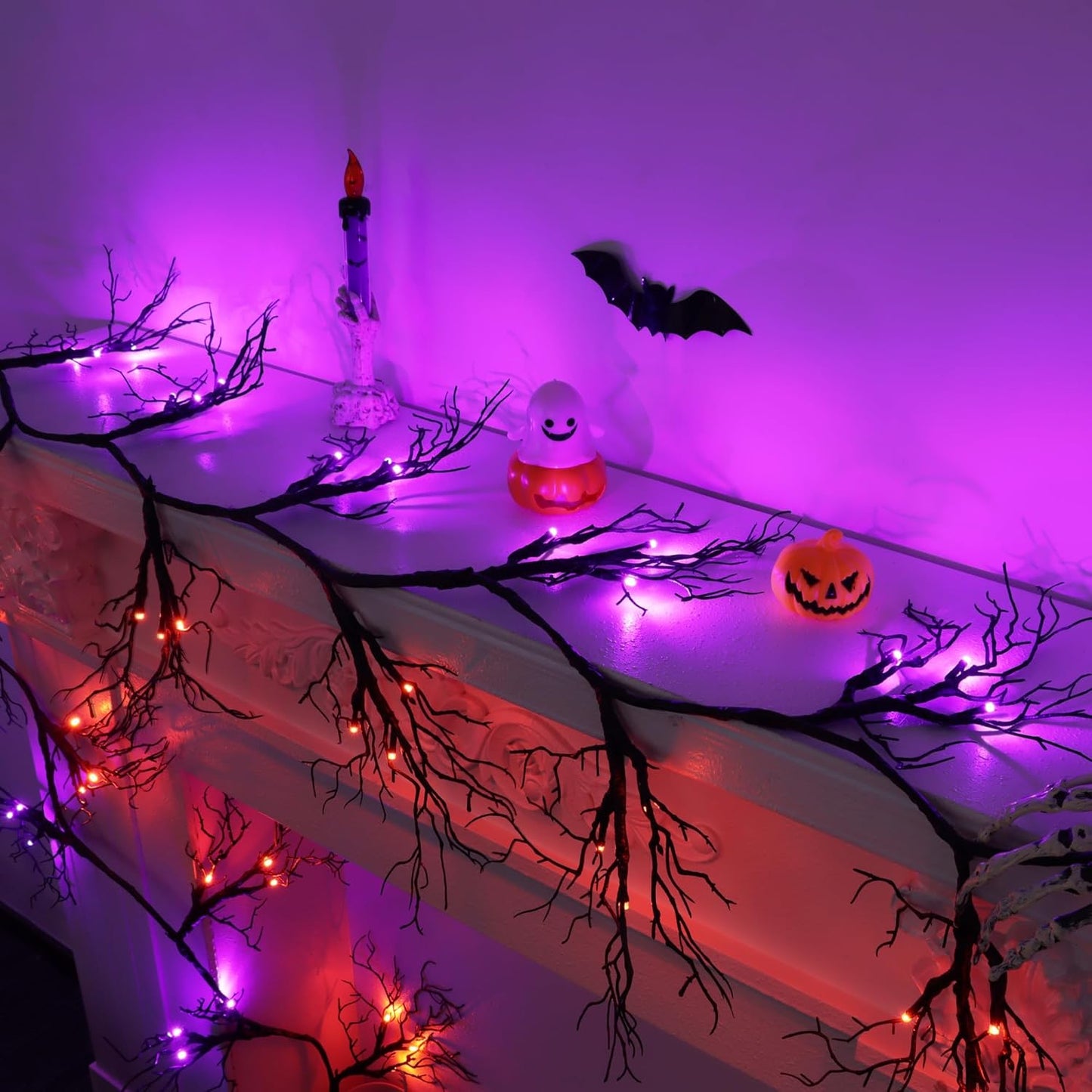 6 FT 45 LED Willow Vine Twig Decor Black Halloween Garland with Orange Purple Lights, Timer 8 Modes Waterproof Battery Operated Indoor Halloween Decorations for Wall Fireplace Mantle Home Office Decor