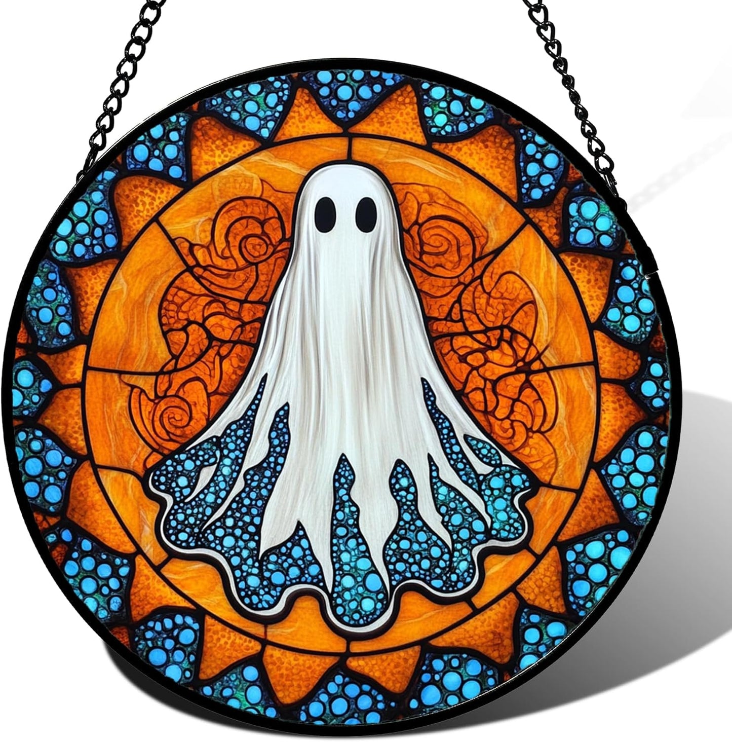 Stained Glass Window Hanging - Halloween Decorations White Ghost Suncatcher for Doors Garden Indoor Spooky Funny Blue Sun Catchers Gothic Decor Horror Gifts for Women Men Friend 15 in