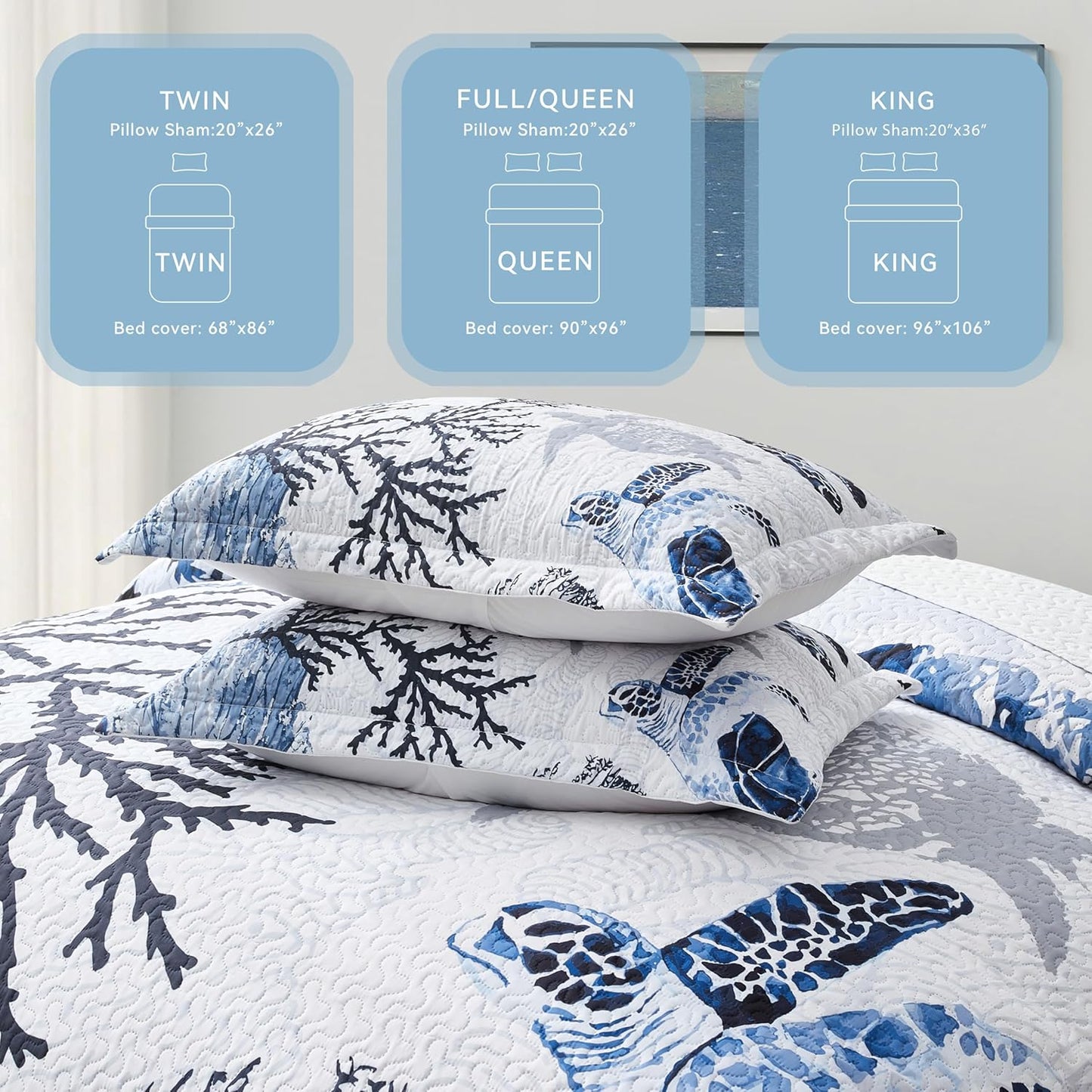 Coastal Bedding King Size Coastal Quilt with 2 Shams, Nautical Beach Comforter Sets Ocean Bedspreads Blue Seaturtle Coverlet Summer Bedding, 96''x106''