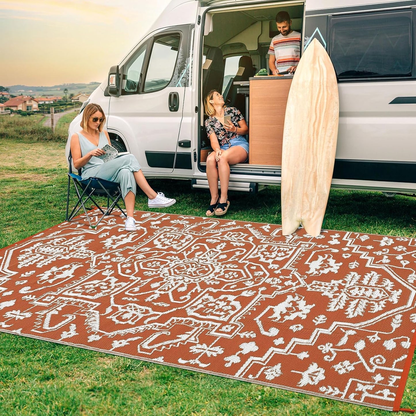 Outdoor Rug 9x12 Waterproof Reversible Plastic Straw Patio Rug, Stain-Resistant Vintage Medallion Carpet, Large Easy-Cleaning Indoor Outdoor RV Mat for Deck, Camping, Balcony, Terracotta Brick/White