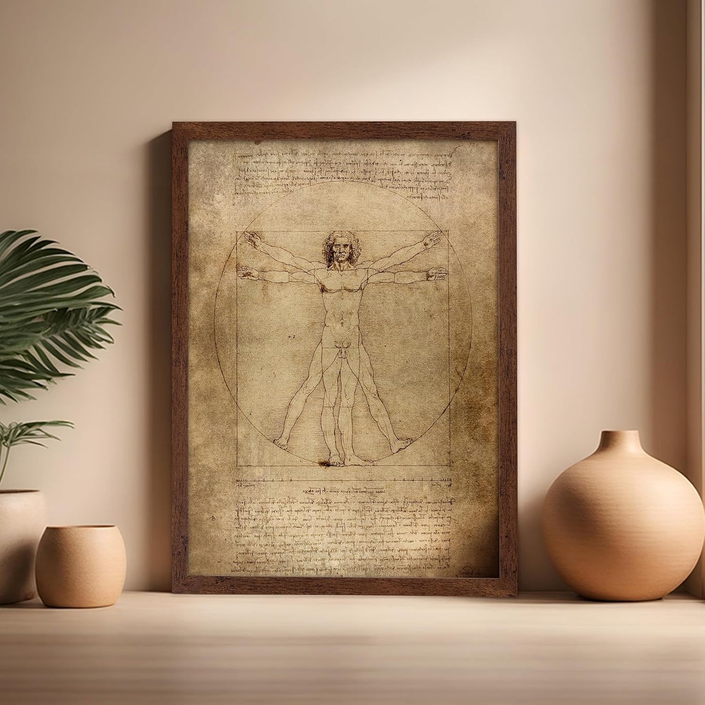 Poster Master Classic Leonardo Da Vinci Poster - Vintage Renaissance Print - Gift for Artist, Friend - Vitruvian Man, Proportion, Symmetry, Human Body - Wall Decor for Office, 16x20 Brown Framed