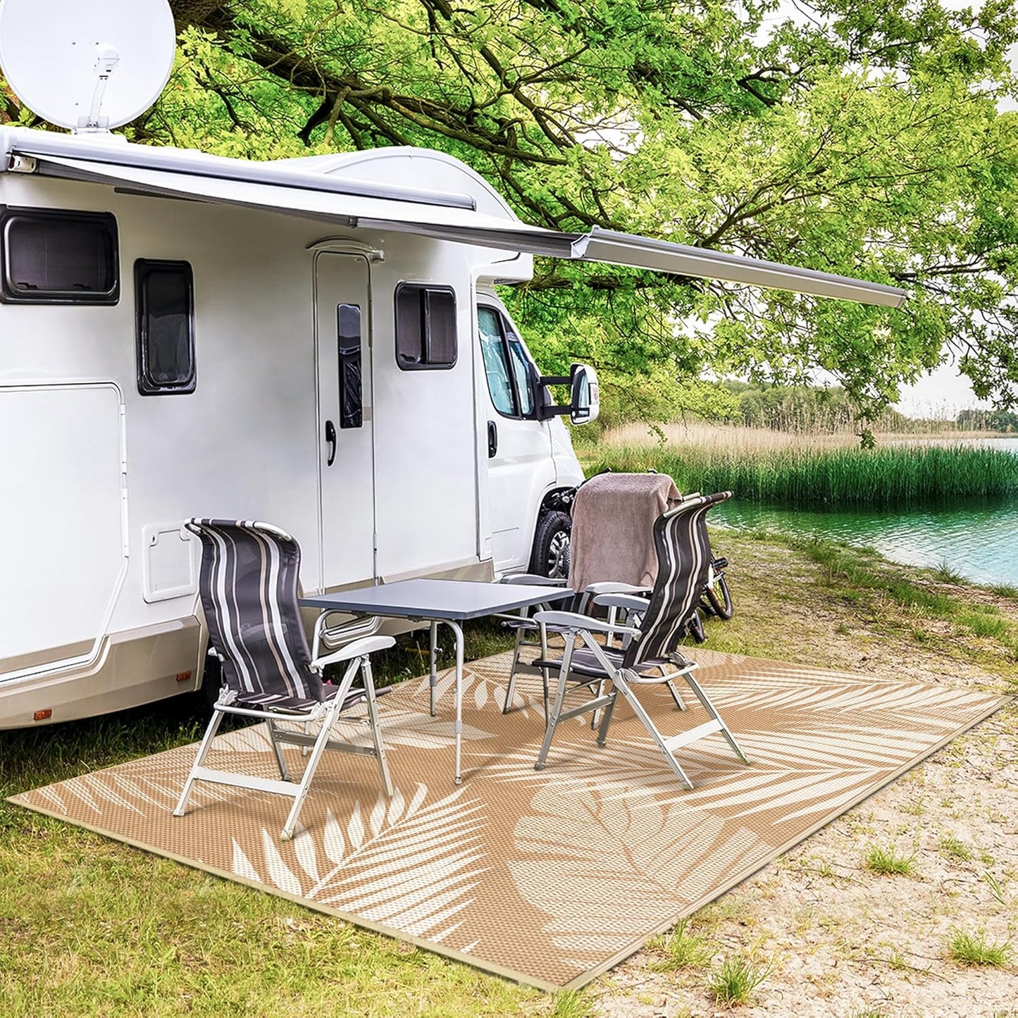 GENIMO Outdoor Rug 9' x 12' Waterproof for Patios Clearance, Reversible Outdoor Plastic Straw Camping Rug Carpet, Large Area Rugs Mats for RV, Camper, Deck, Balcony, Porch, Beach, Picnic, Brown&Beige