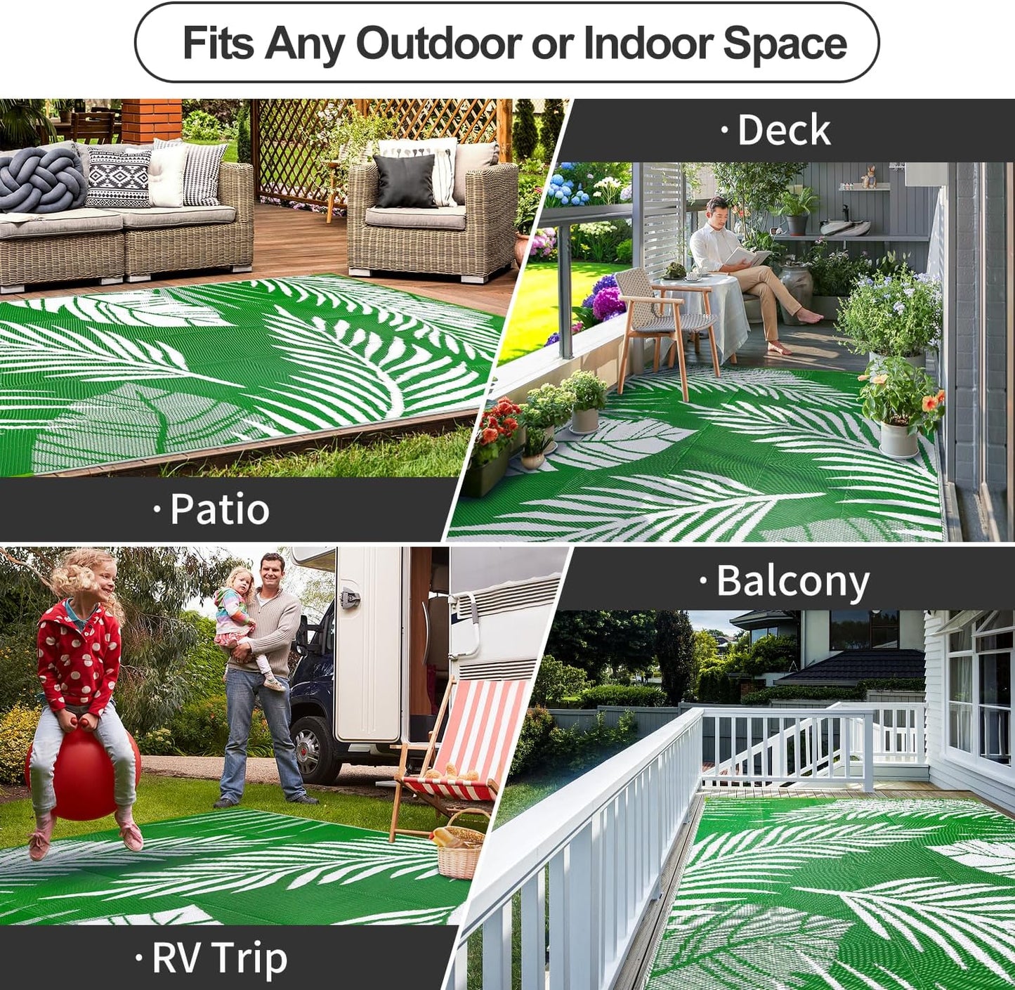 Waterproof Outdoor Rug 6x9ft, Green Leaf Reversible Plastic Straw Mat for Patio RV Deck Porch Backyard Balcony Camping Picnic Beach Indoor Outdoor Carpet, Green&White