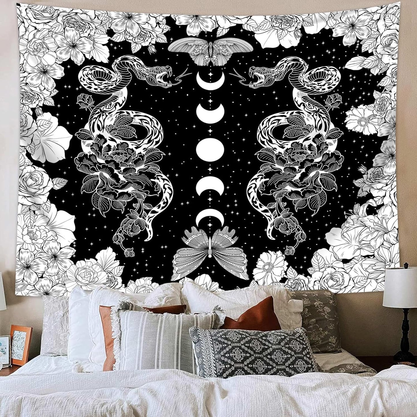 dueeia Moon Phase Witchy Tapestry Wall Hanging Snake Witch Occult Black and White Dark Tapestries for Bedroom Aesthetic Living Room Wall Decor (78.7"x59.1")