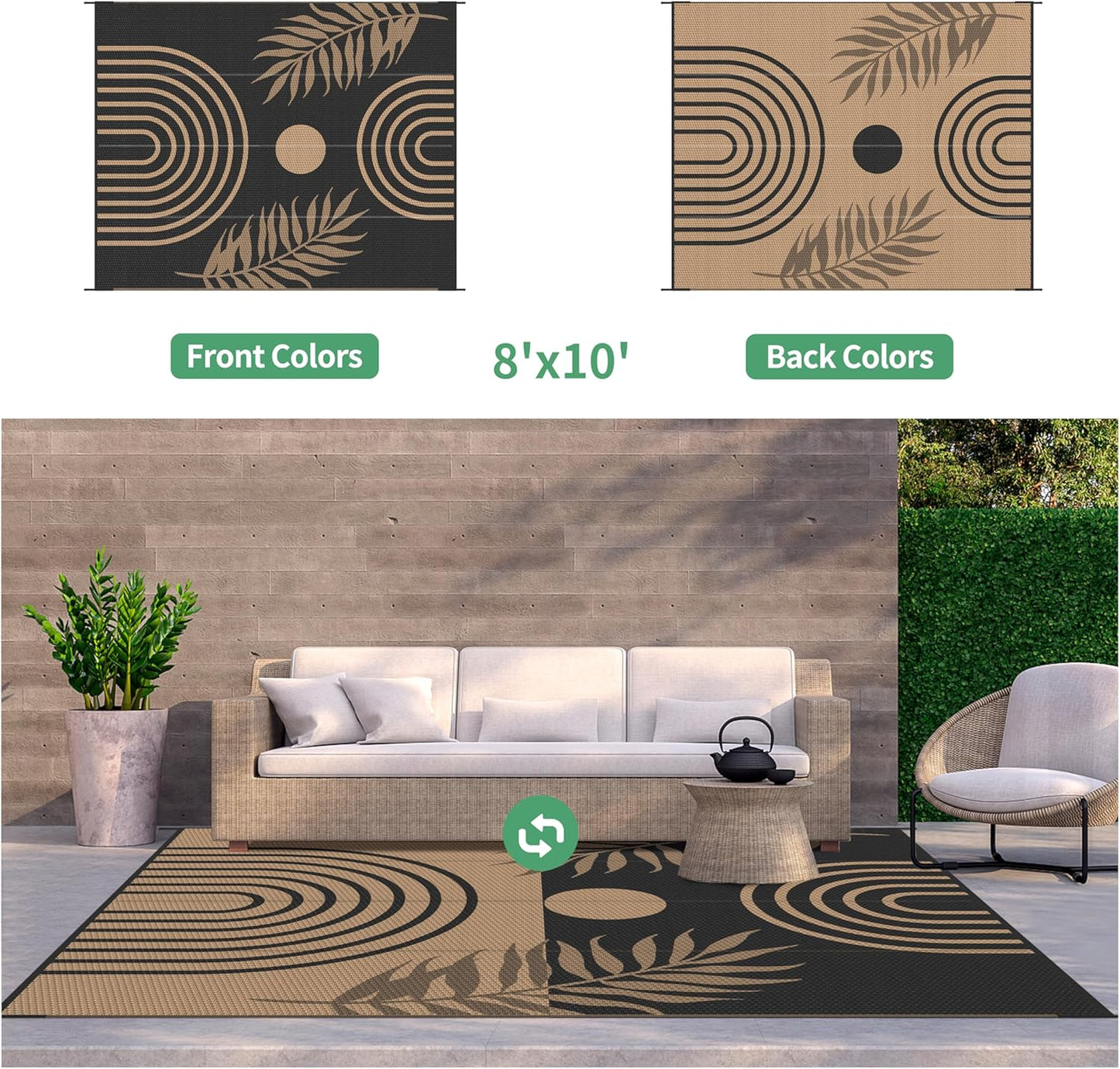 GENIMO Outdoor Rug 8' x 10' Waterproof for Patio Clearance, Reversible Lightweight Plastic Straw Camping Carpet, Large Area Rugs Mats for Rv, Backyard, Deck, Porch, Picnic, Balcony, Mix-Black & Brown