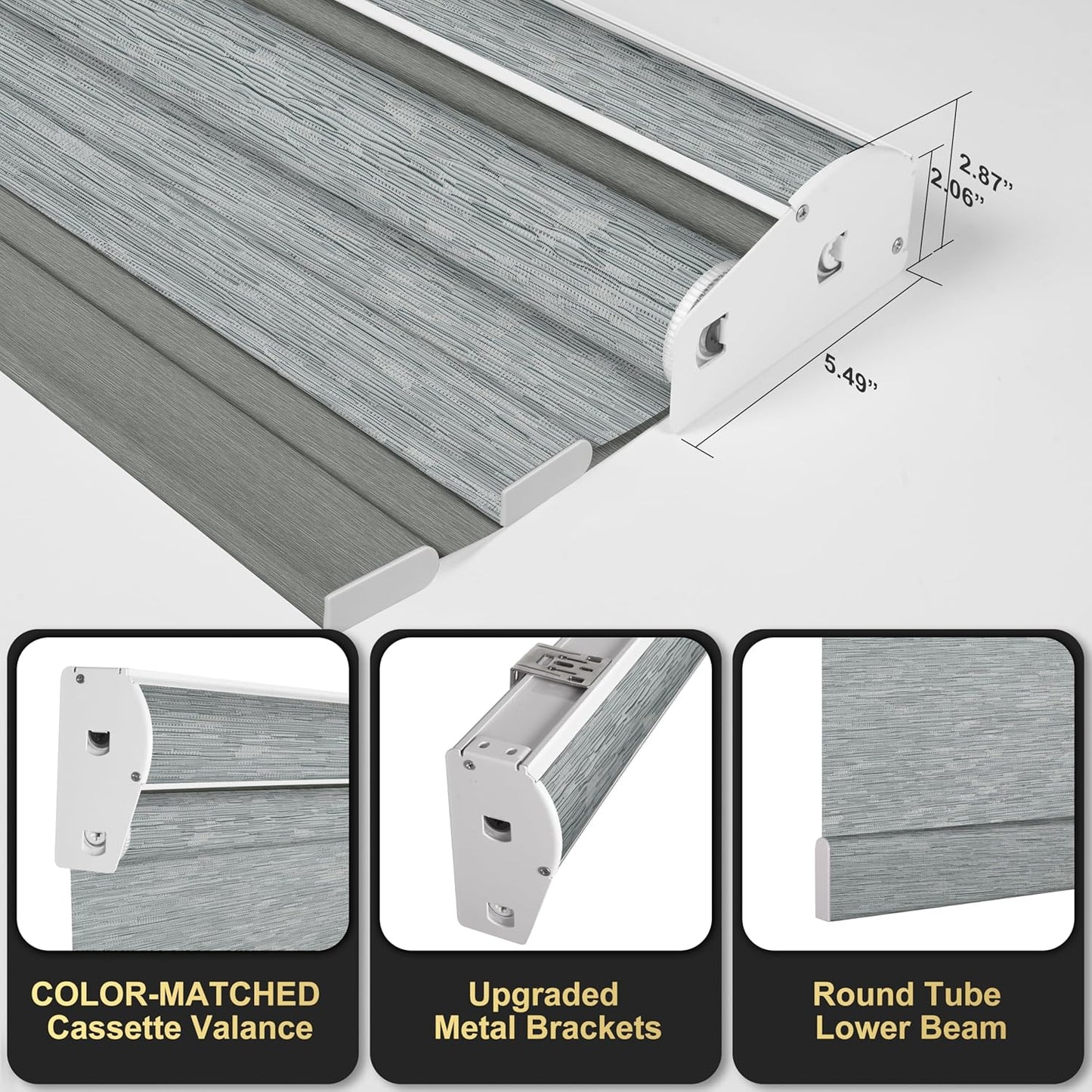 BERISSA Cordless Dual Roller Shades with Cassette Valance, Double Window Shades - Blackout and Light Filtering, Day and Night for Home Office Door. Striped Jacquard Grey. 32 W x 44" H
