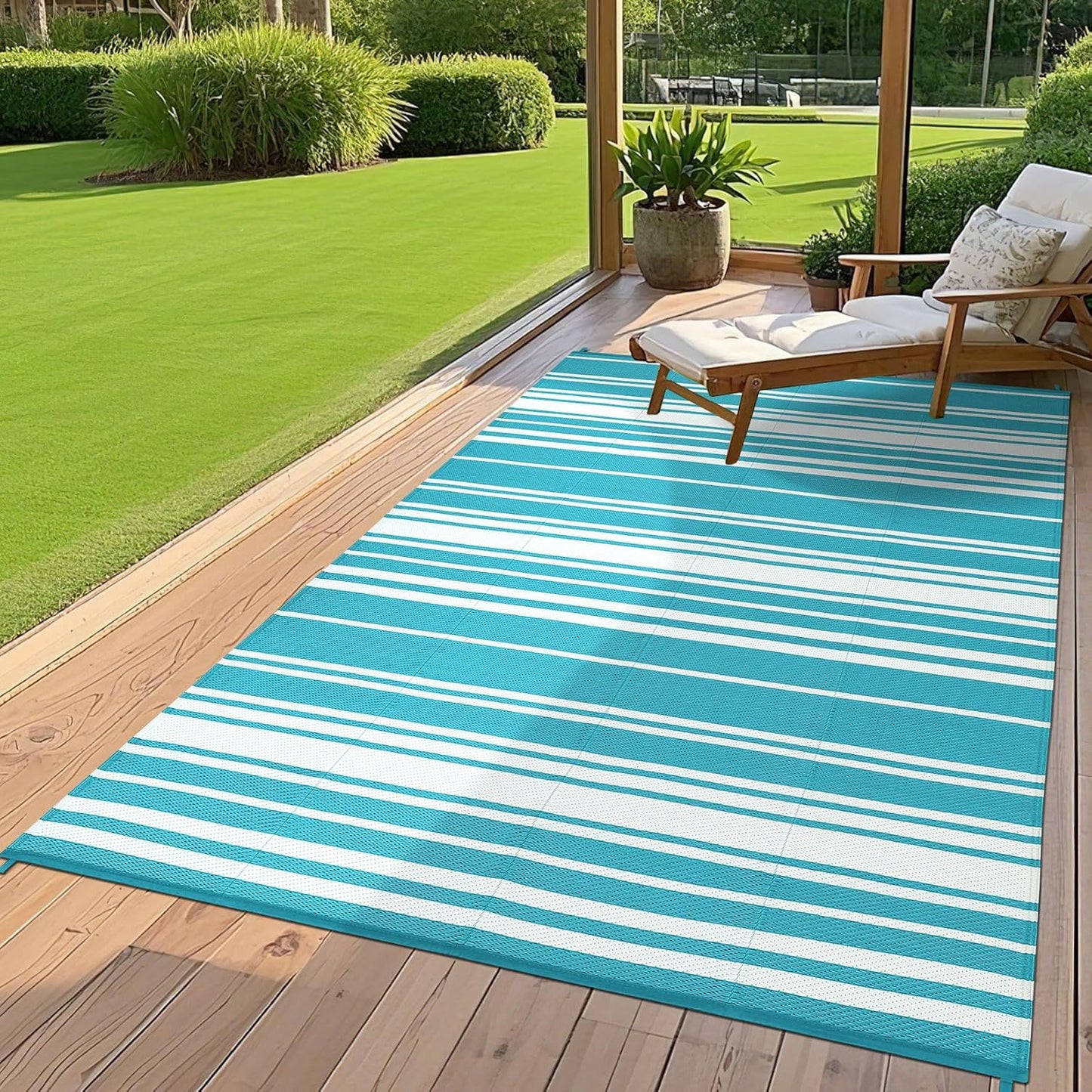 Waterproof Outdoor Rug 8x10 Contemporary Reversible Plastic Straw Rug, Easy Cleaning Striped Patio Carpet, UV-Resistant Indoor Outdoor Floor Cover for RV, Porch, Deck, Backyard, Light Blue