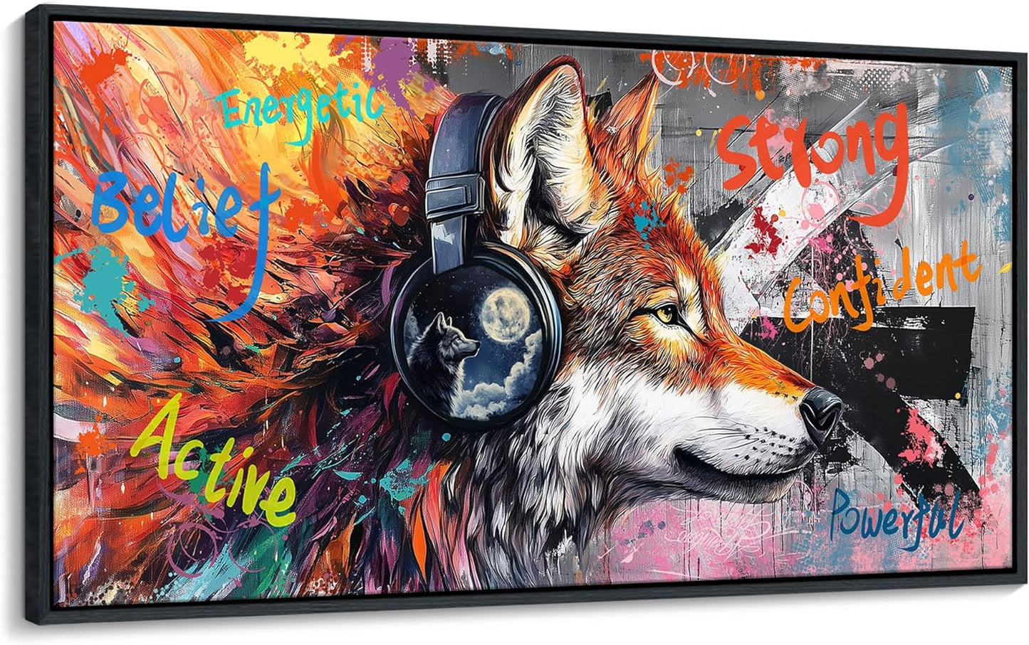 JEAWA Framed Canvas Wall Art, Large Modern Graffiti Street Art Wolf with Headphones Funny 24x48 IN Pictures Print Painting for Living Room Bedroom Office Men Teen Boy Room Home Decor Birthday Gift