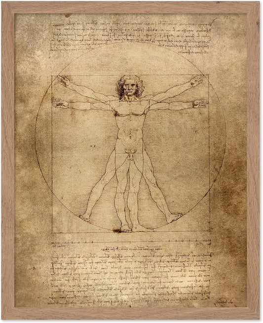 Poster Master Classic Leonardo Da Vinci Poster - Vintage Renaissance Print - Gift for Artist, Friend - Vitruvian Man, Proportion, Symmetry, Human Body - Wall Decor for Office, 16x20 Beige Framed