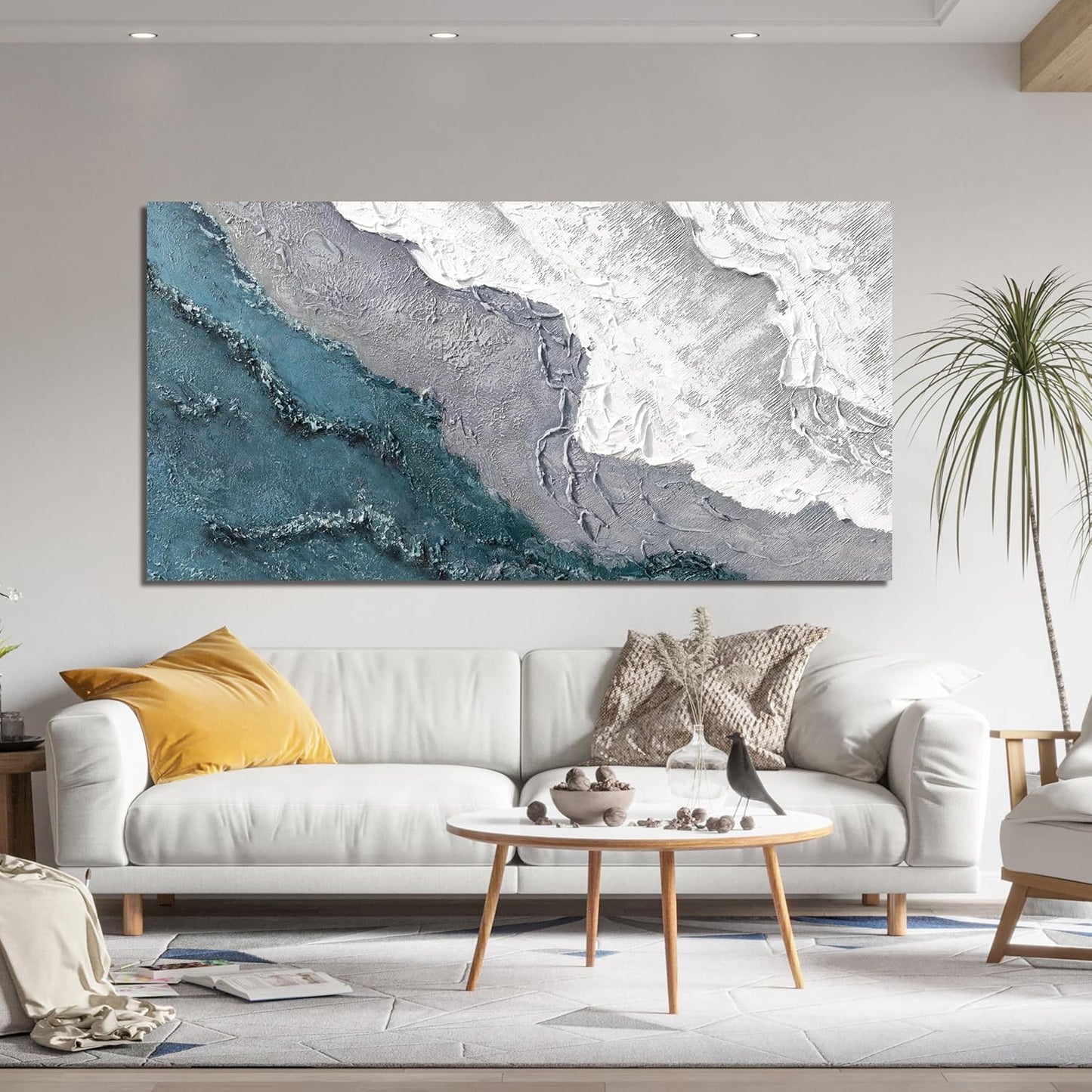 Abstract Wall Art Decor Large Modern Blue White Wall Art Prints Abstract Canvas Art Wall Decor Wave Artwork for Walls Coastal Minimalist Wall Art Decorations Bedroom Office Wall Art Decor 24" X 48"