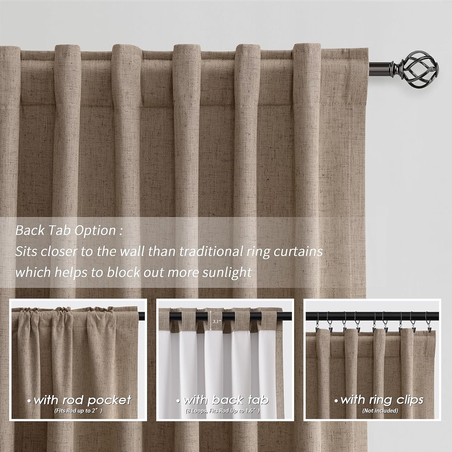 BOODII Linen Blackout Curtains for Bedroom 72 Inch Length 2 Panels Set Room Darkening Curtains Brown Black Out Curtain Neutral Thermal Insulated Living Room Winter Window Drapes Back Tab 52x72