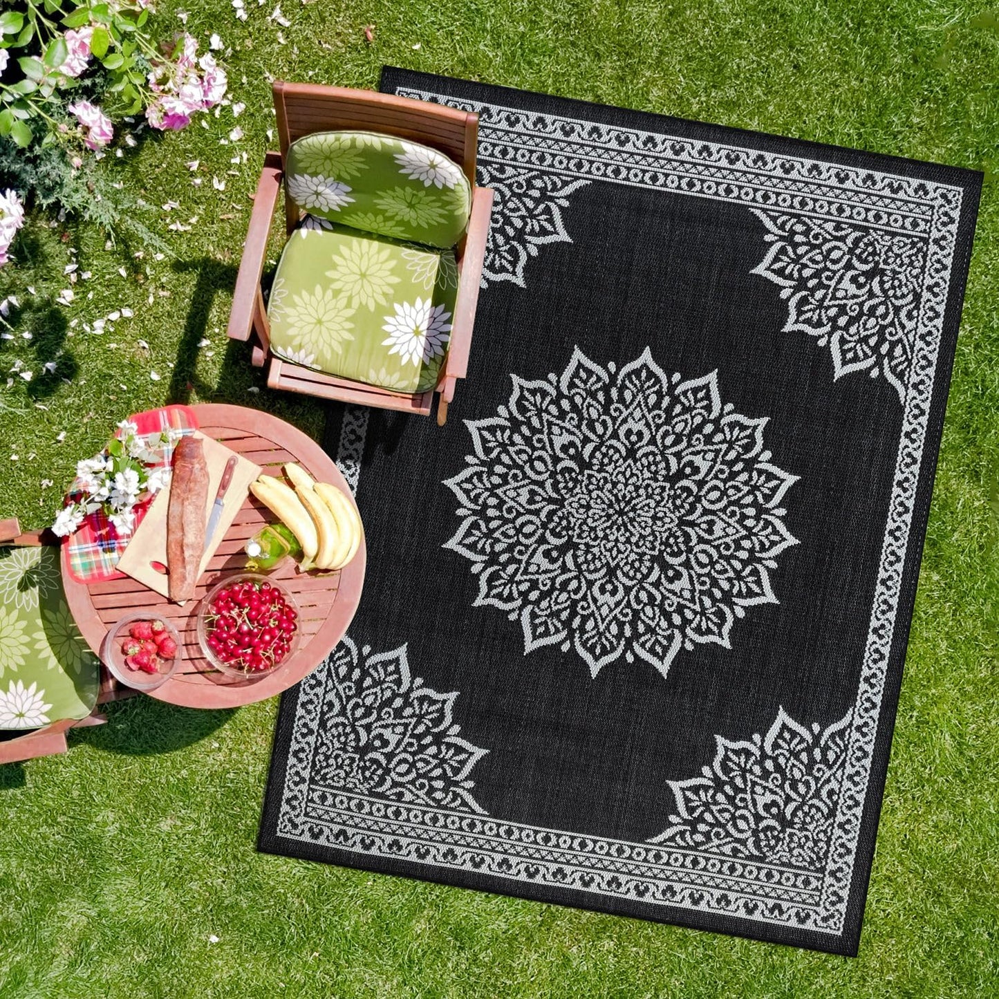 CAMILSON Outdoor Rug, 9x12 Medallion Black White Modern Area Rugs for Large Indoor and Outdoor Patios, Kitchen and Hallway Mats, Washable Porch Deck Outside Carpet (Medallion Black, 9 x 12)