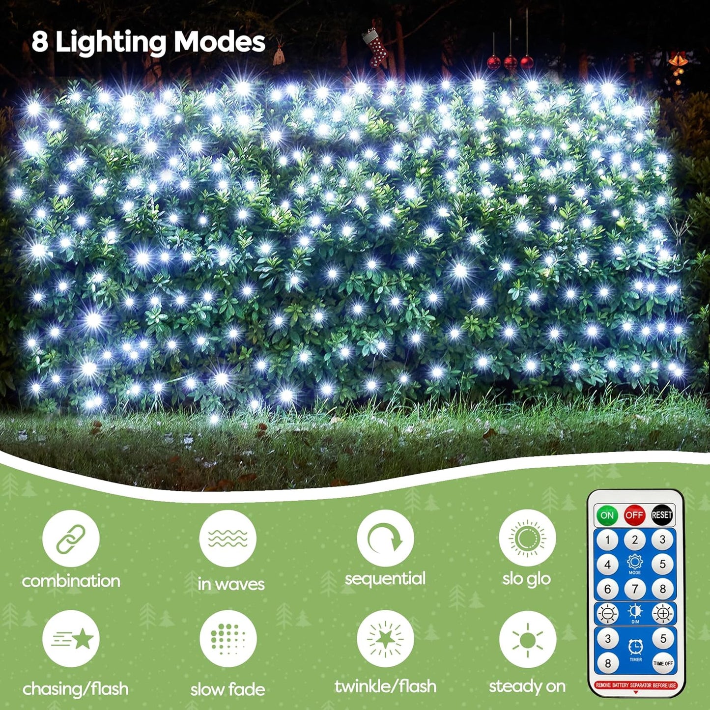 WBao Solar Christmas Lights Outdoor 200LED F8 Big Bulbs, 8.4ft x 5.2ft Christmas Net Lights with Remote Control, 8 Modes, Timer, Waterproof for Lawn, Bushes, Outdoor Christmas Decorations, Cool White