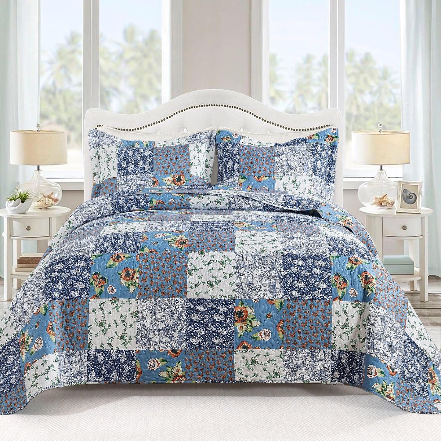 VAPUTAR King Size Quilt Set - Reversible Floral King Size Bedspreads with Wavy Edges - Lightweight Farmhouse King Quilt Bedding Sets for Bed Decorations, 3 Pieces